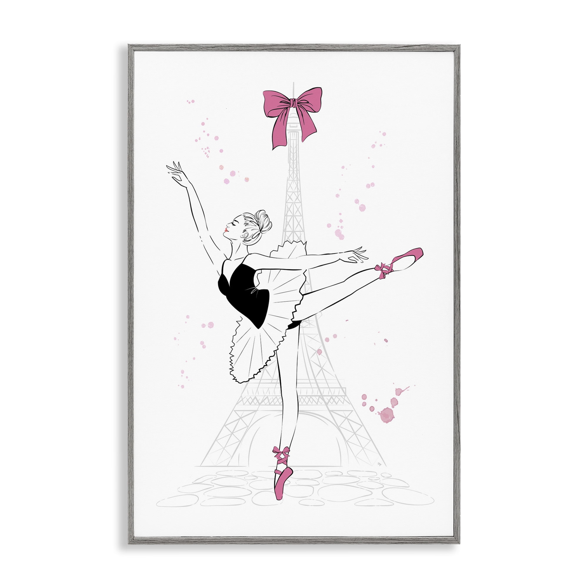 Stupell Industries Ballerina & Eiffel Tower Novelty Painting Gray Framed Art Print Wall Art, 16 x 24