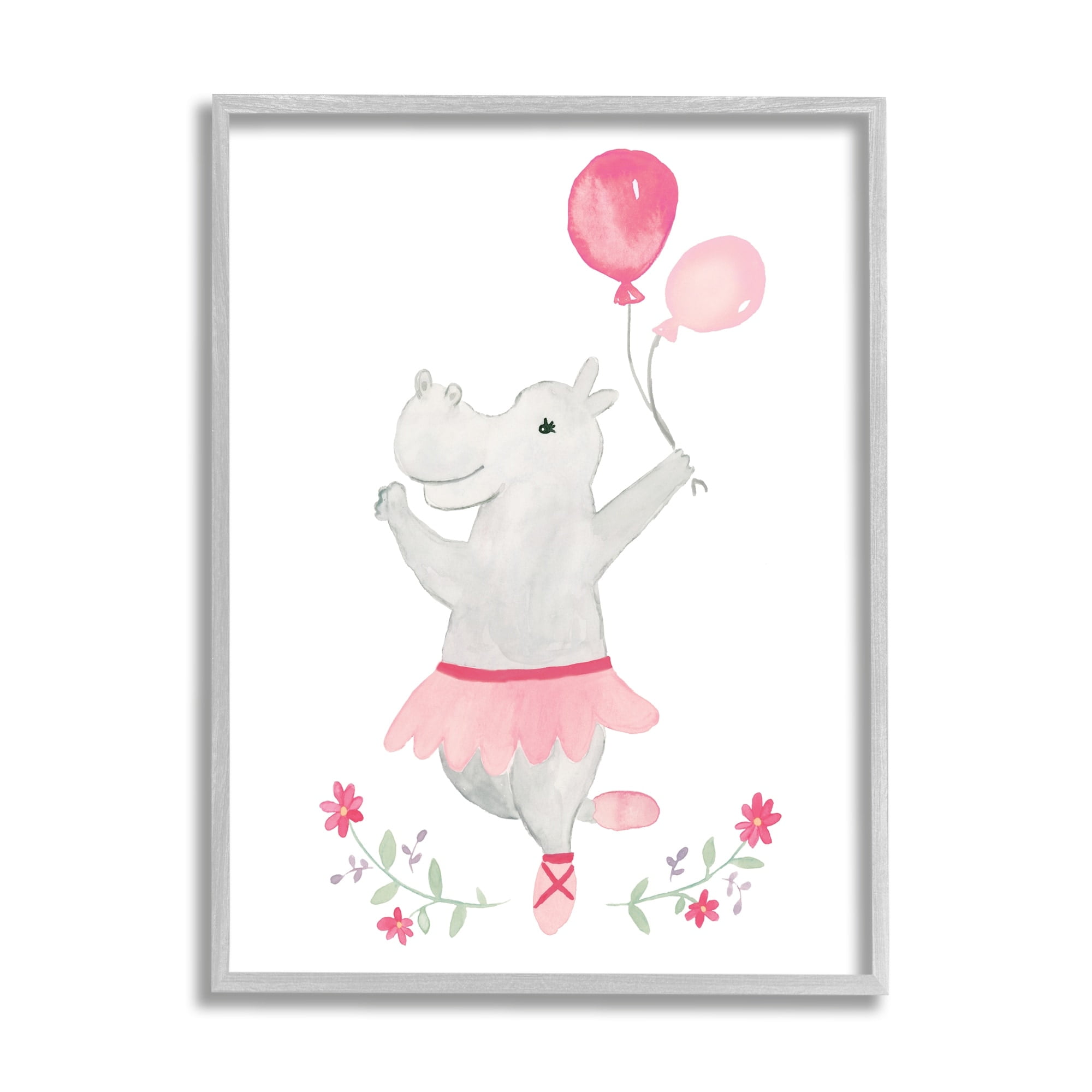 Stupell Industries Ballerina Hippo Pink Balloons Simple Floral Frame , 16 x 20, Design by Heather Strianese