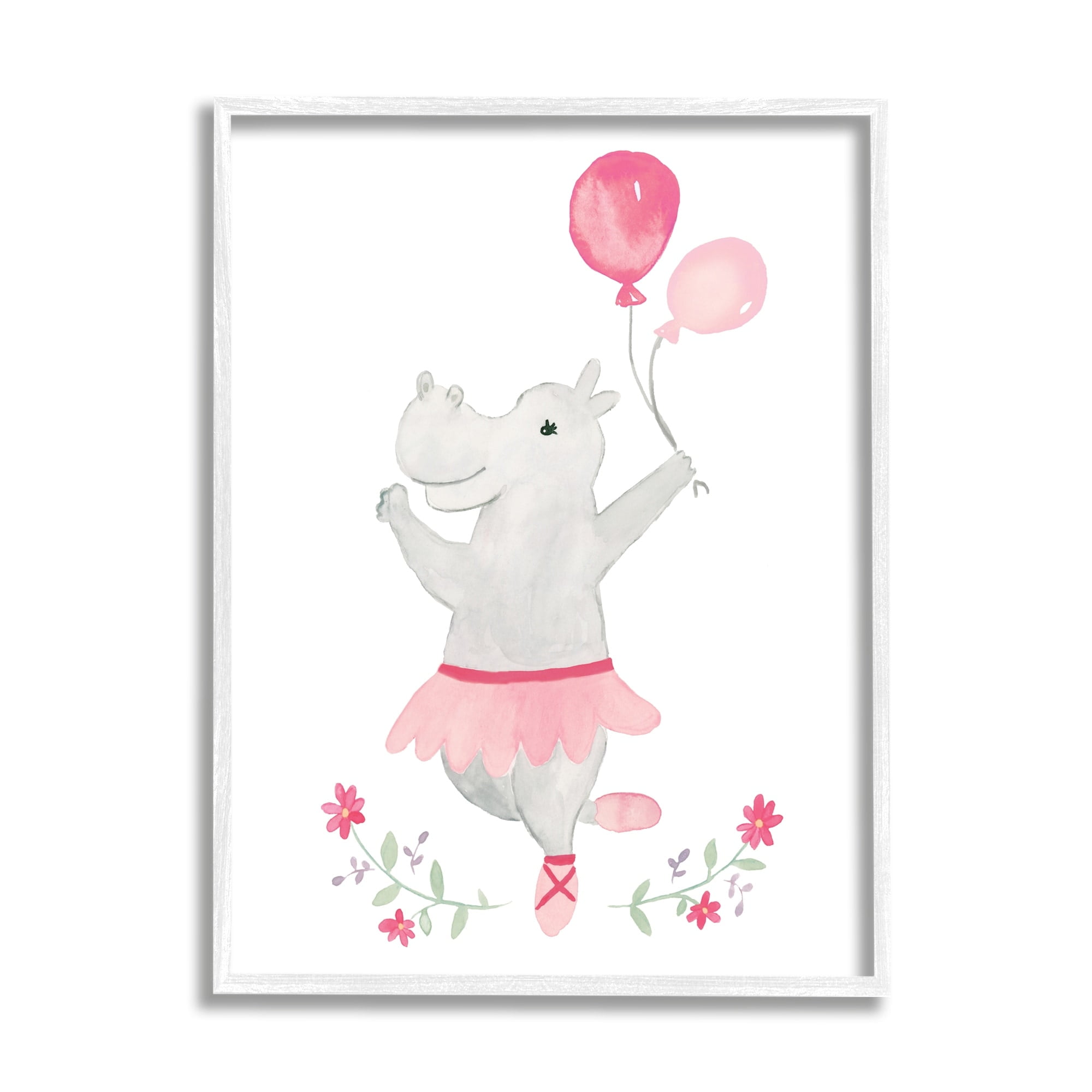 Stupell Industries Ballerina Hippo Pink Balloons Simple Floral Frame Paintings White Framed Art Print Wall Art, 24x30, by Heather Strianese
