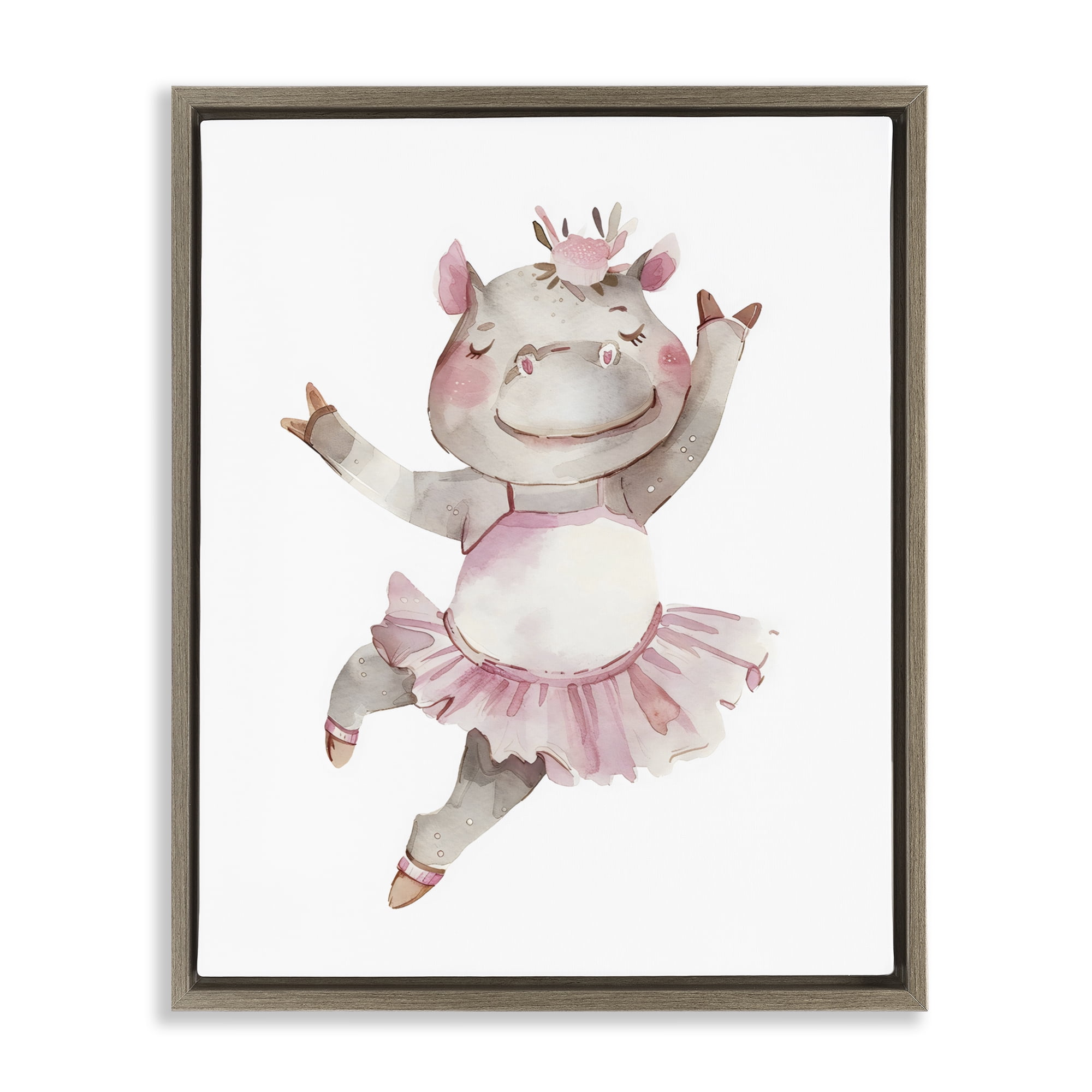 Stupell Industries Ballerina Hippo in Tutu Brown Framed Floater Canvas Wall Art, design by LSR Design Studio
