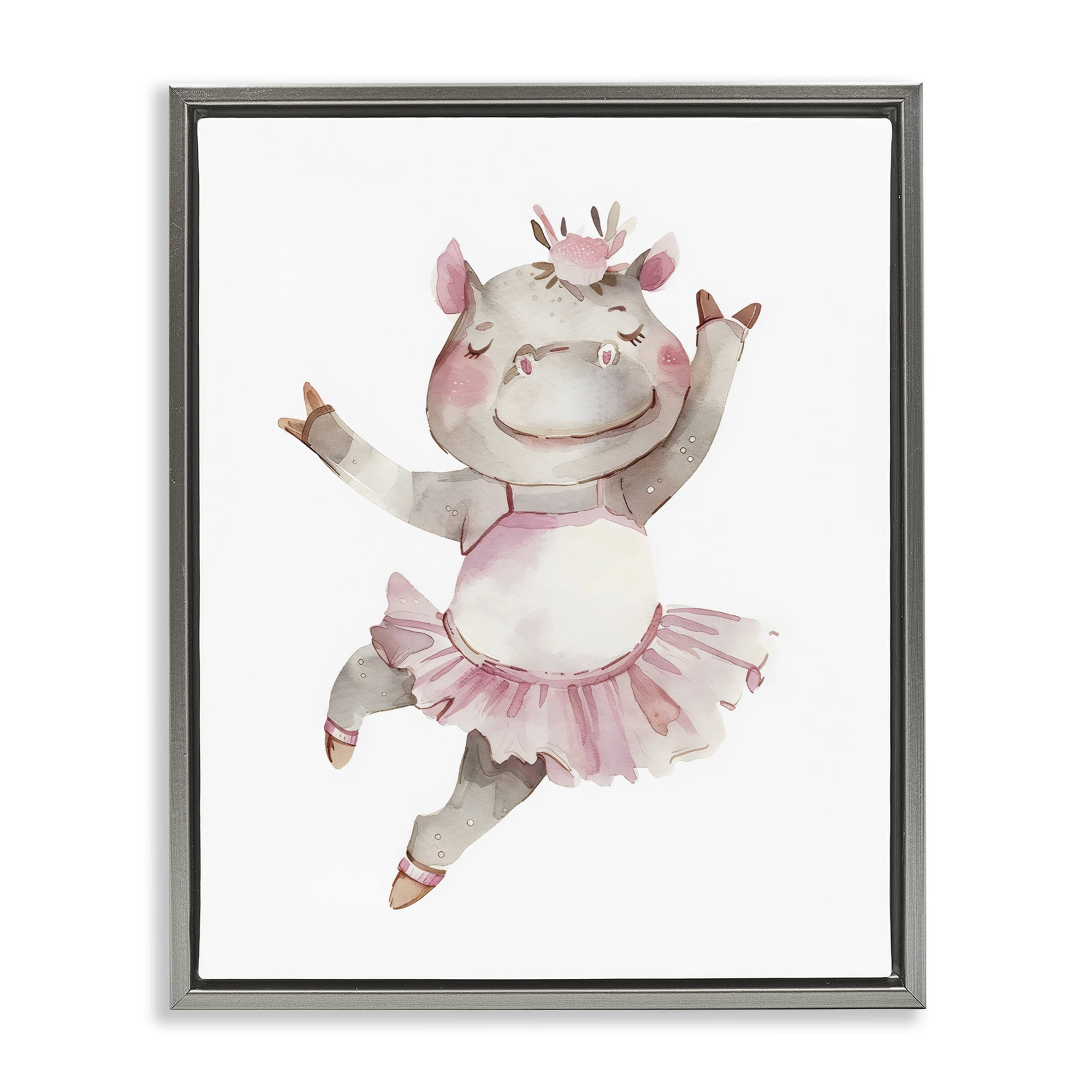 Stupell Industries Ballerina Hippo in Tutu Gray Framed Floater Canvas Wall Art, design by LSR Design Studio