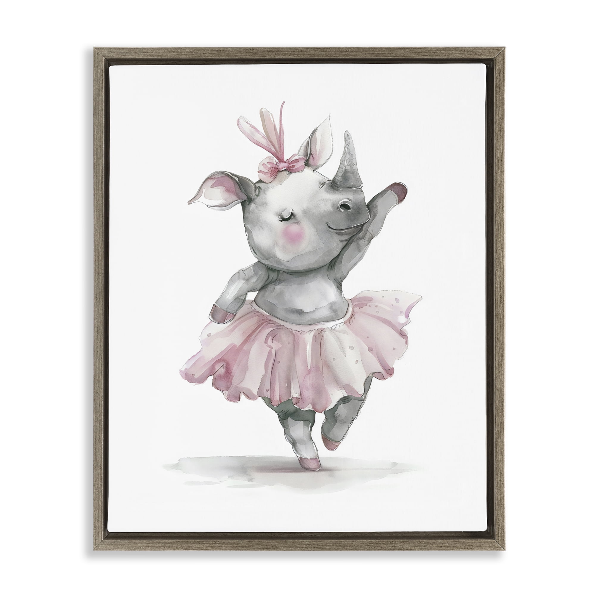 Stupell Industries Ballerina Rhino in Pink Tutu Brown Framed Floater Canvas Wall Art, design by LSR Design Studio