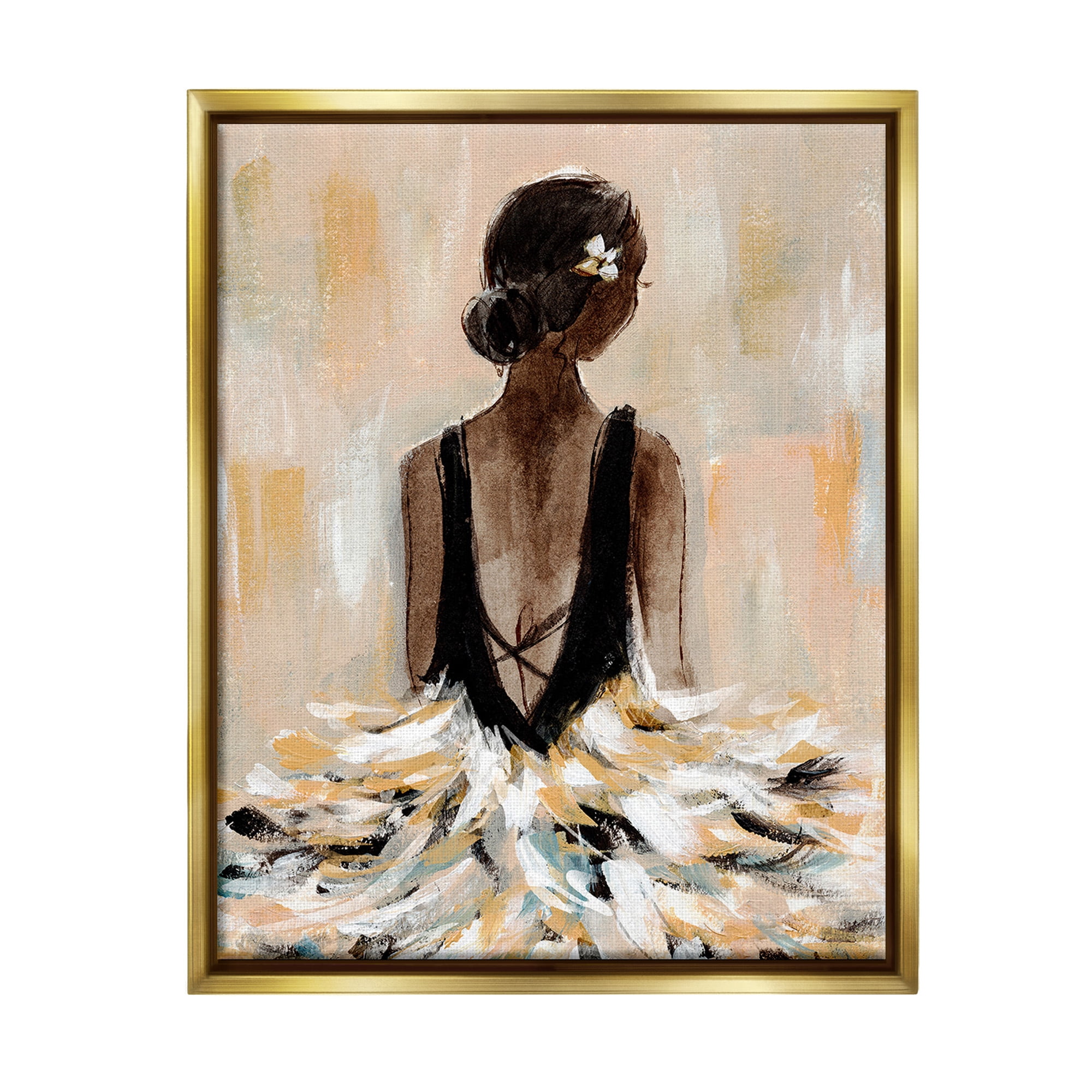 Stupell Industries Ballerina in Abstract Gown Beauty & Fashion Painting Gold Floater Framed Canvas Art Print Wall Art, 17 x 21