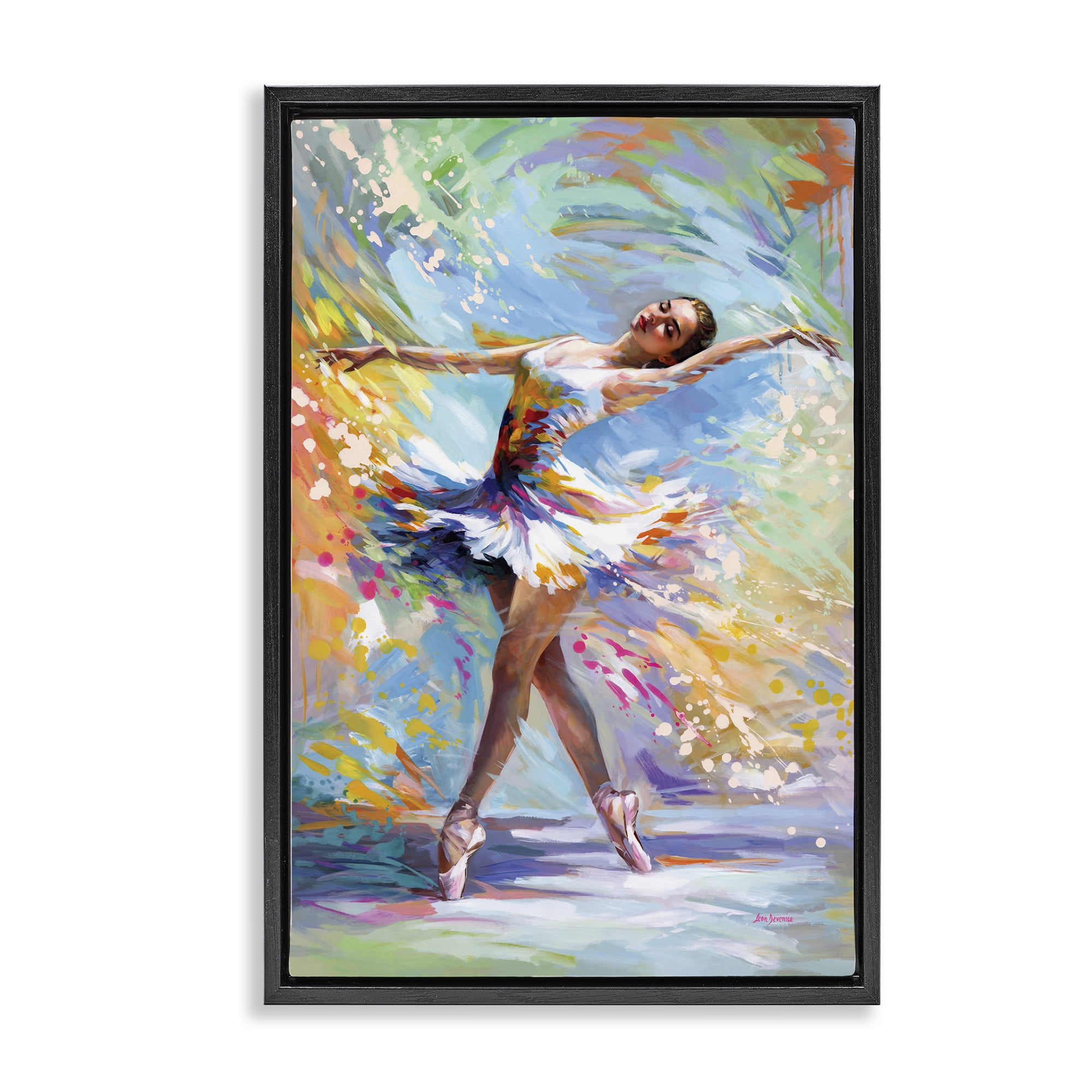 Stupell Industries Ballerina on Pastel Splatter Entertainment Painting Black Floater Framed Canvas Art Print Wall Art, 17 x 25