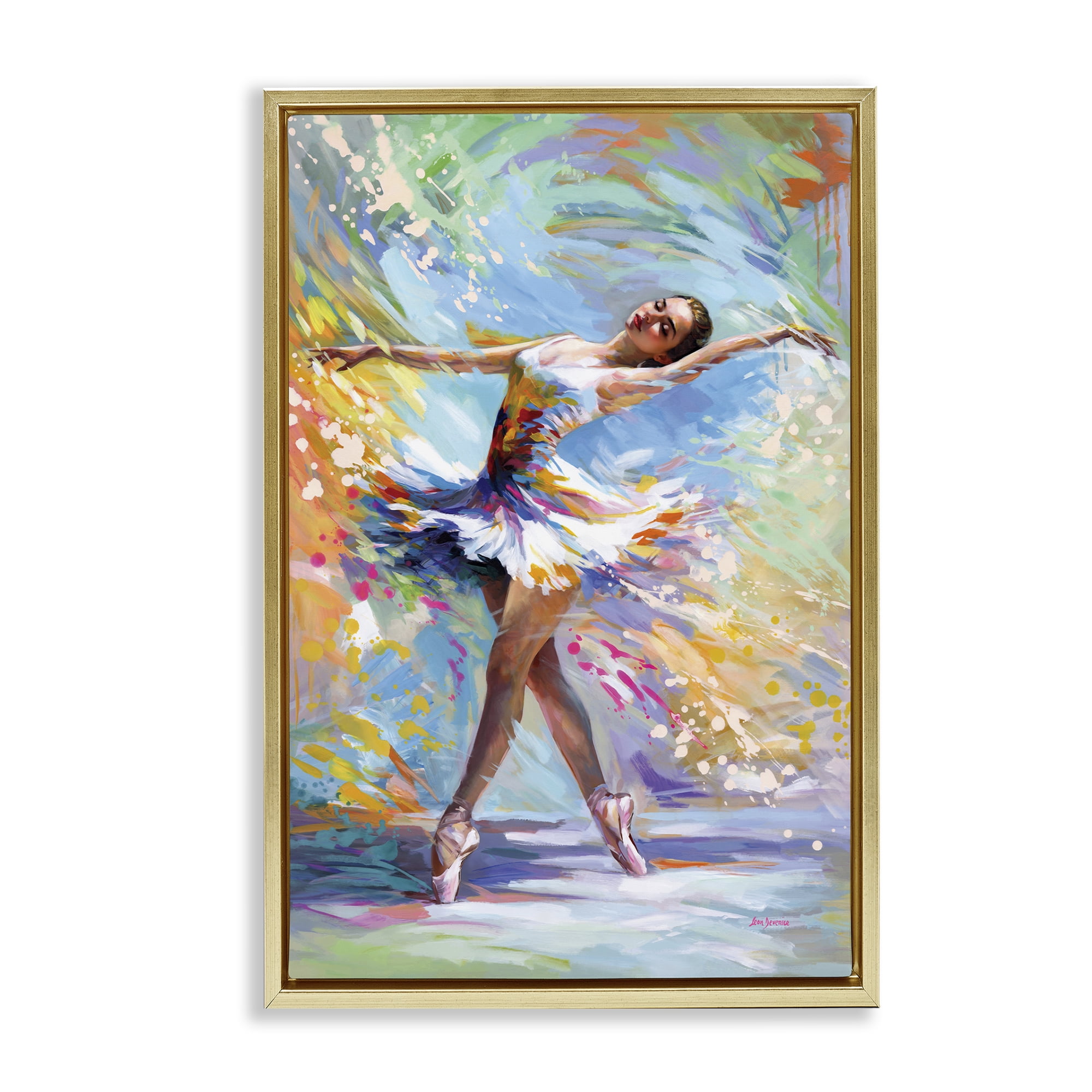 Stupell Industries Ballerina on Pastel Splatter Entertainment Painting Gold Floater Framed Canvas Art Print Wall Art, 17 x 25