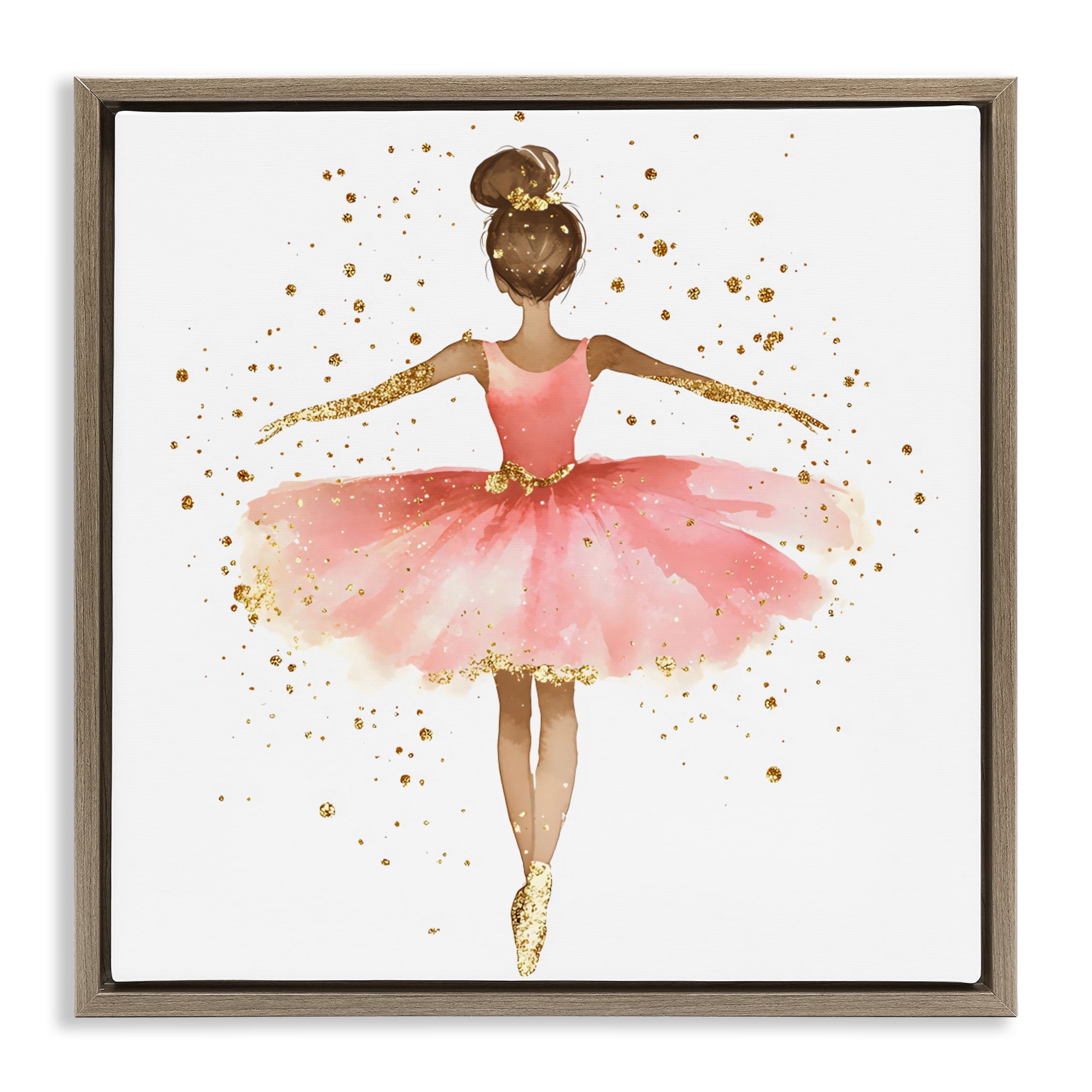 Stupell Industries Ballerina with Gold Glitter Brown Framed Floater Canvas Wall Art, design by Creative Studio