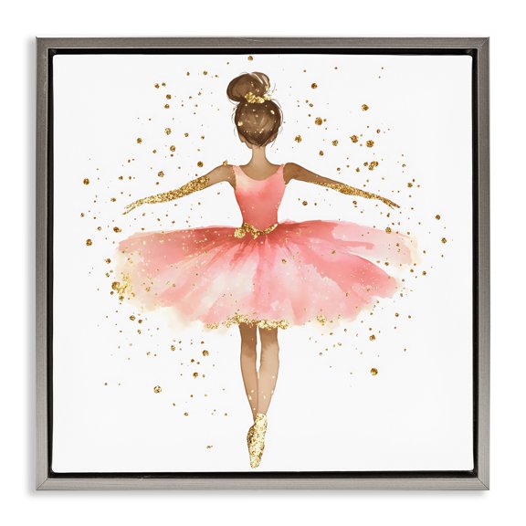 Stupell Industries Ballerina with Gold Glitter Gray Framed Floater Canvas Wall Art, design by Creative Studio