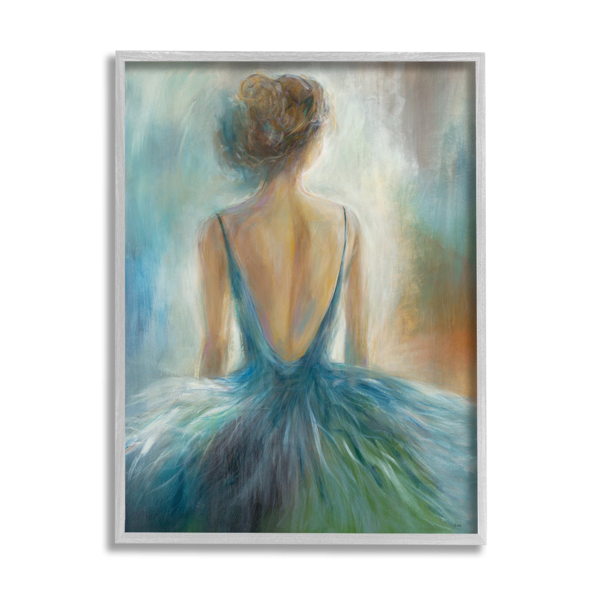 Gray Framed Ballet Girl Blue and Orange Figure Painting, 24 x 30