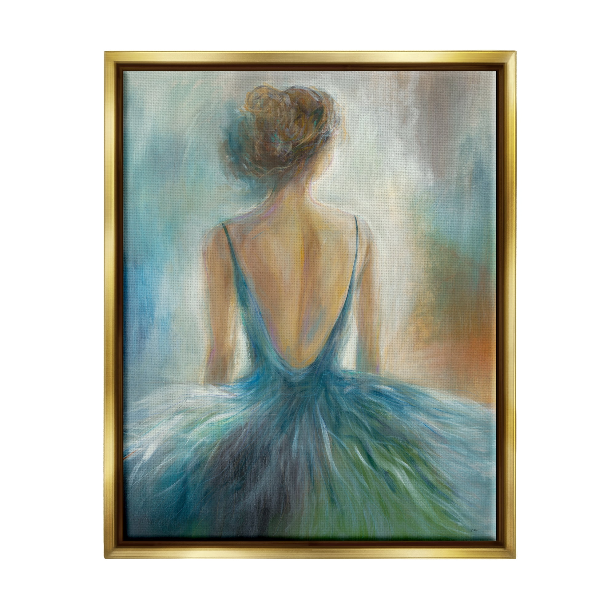 Stupell Industries Ballet Girl Blue Orange Figure Painting Metallic Gold Framed Floating Canvas Wall Art, 16x20, by Third and Wall