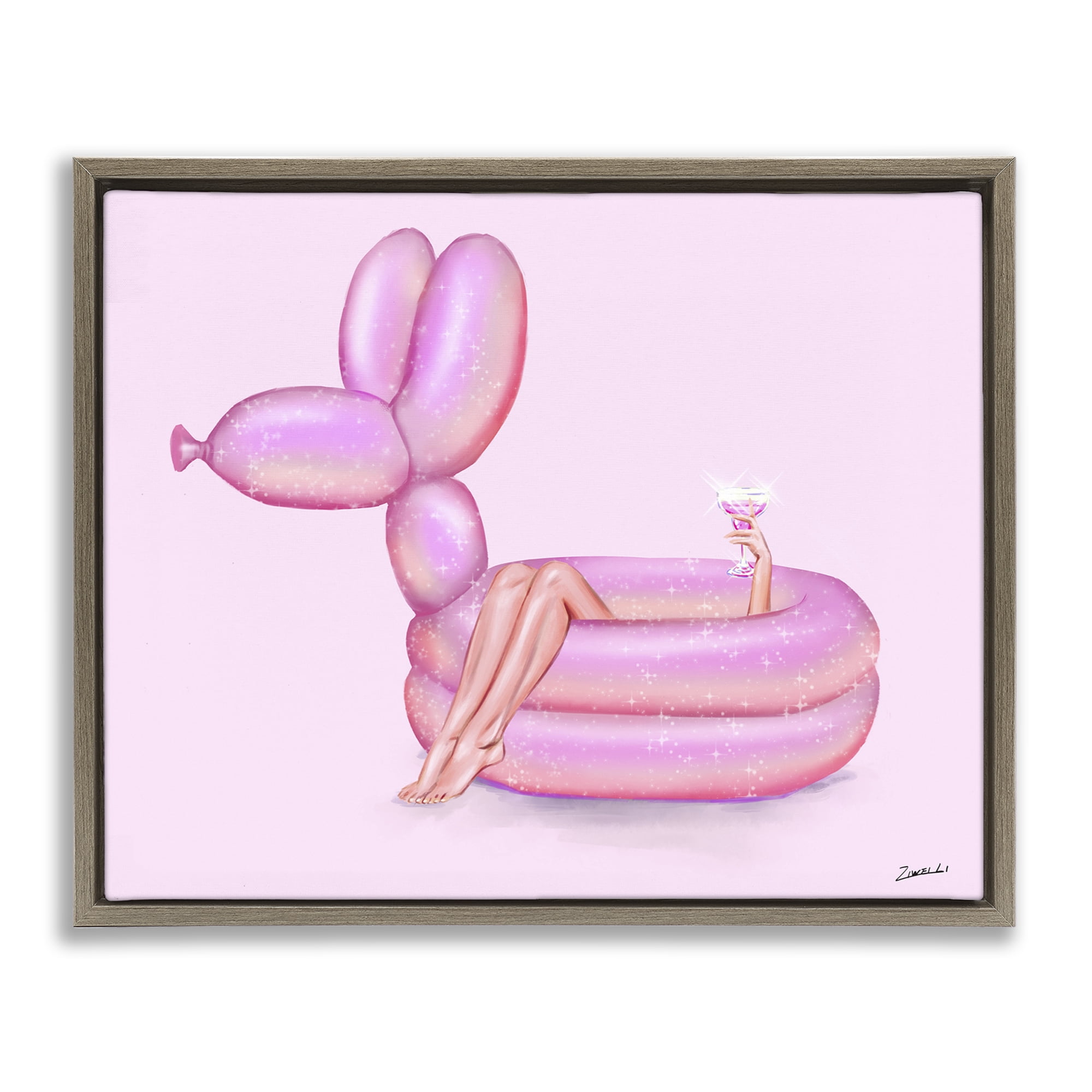 Stupell Industries Balloon Animal Pool People Painting Brown Floater Framed Canvas Art Print Wall Art, 21 x 17