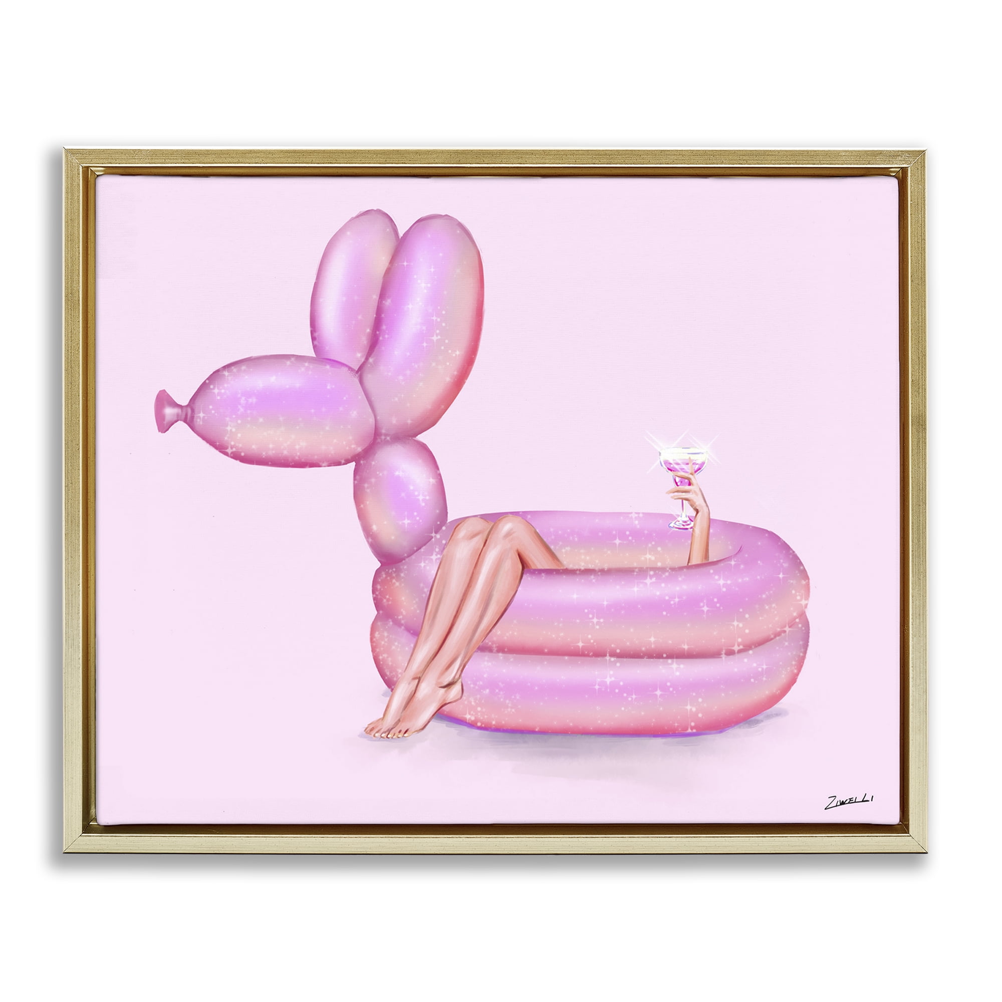 Stupell Industries Balloon Animal Pool People Painting Gold Floater Framed Canvas Art Print Wall Art, 31 x 25