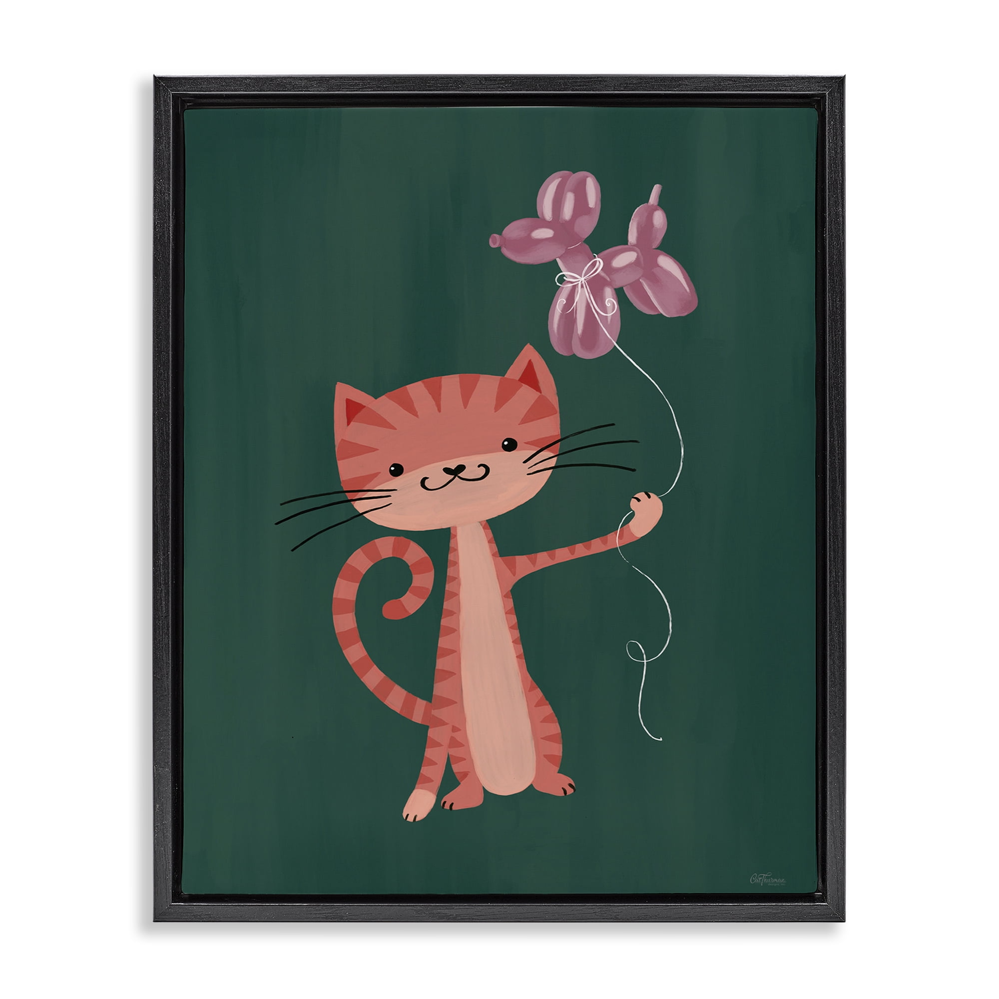 Stupell Industries Balloon Buddy Cat Black Framed Floater Canvas Wall Art, design by Cat Thurman Designs