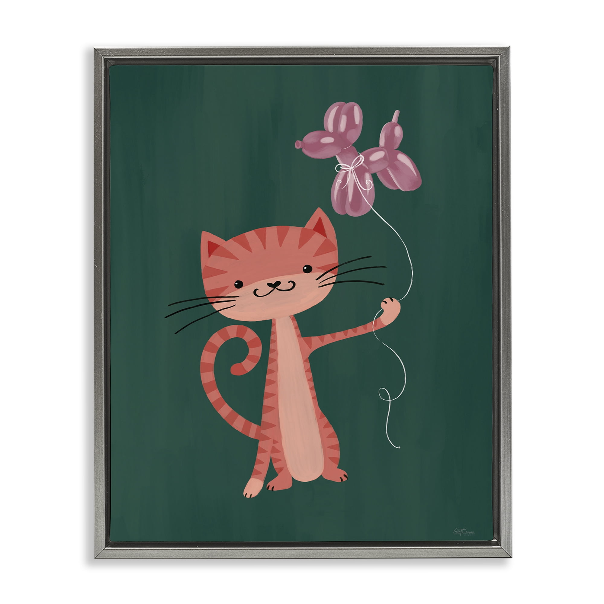 Stupell Industries Balloon Buddy Cat Gray Framed Floater Canvas Wall Art, design by Cat Thurman Designs