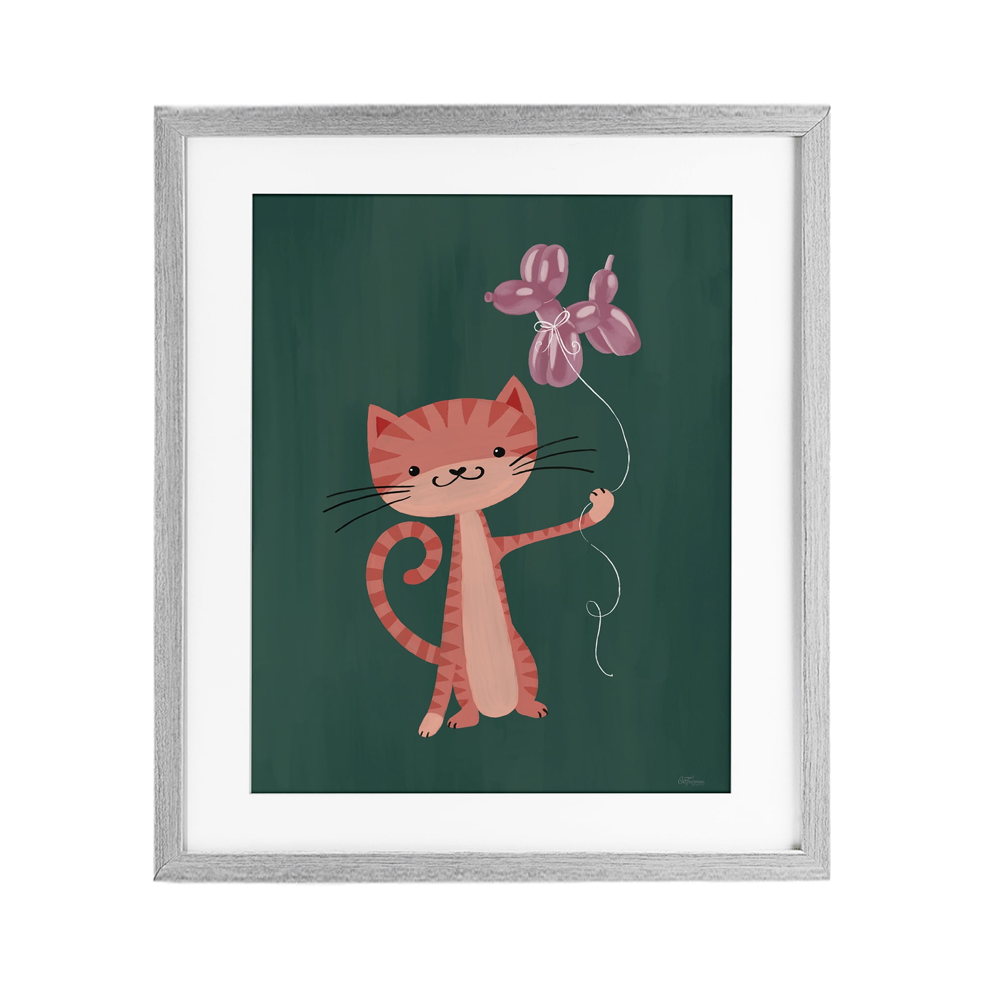 Stupell Industries Balloon Buddy Cat Gray Framed Print Under Glass, design by Cat Thurman Designs