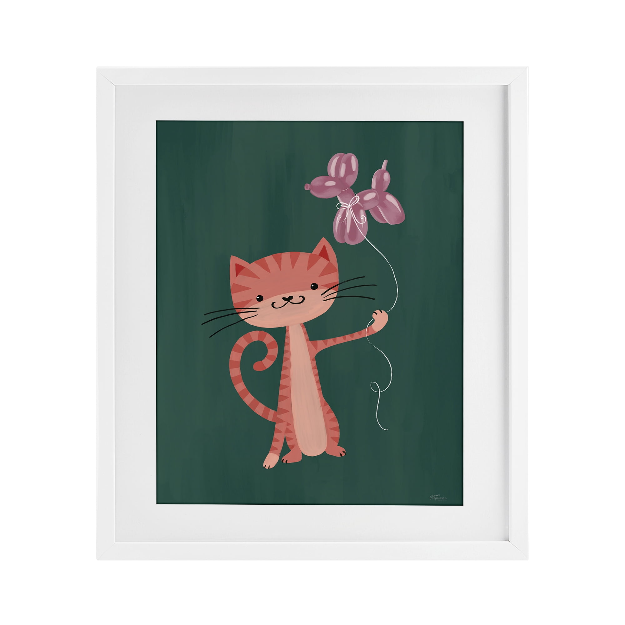 Stupell Industries Balloon Buddy Cat White Framed Print Under Glass, design by Cat Thurman Designs
