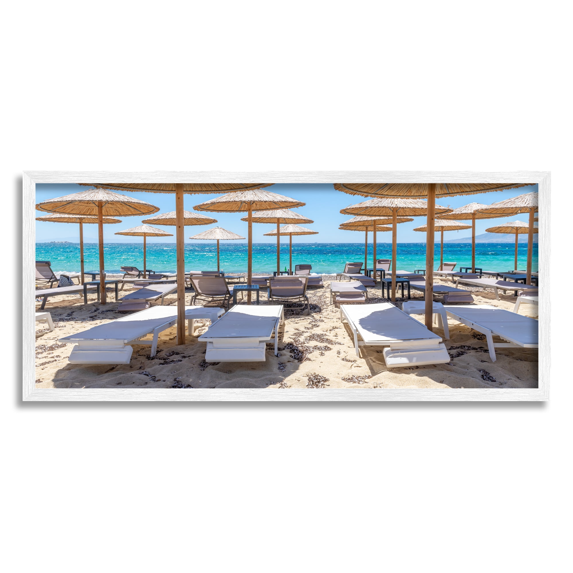Stupell Industries Bamboo Beach Umbrellas Landscape Photography White Framed Art Print Wall Art, 30 x 13