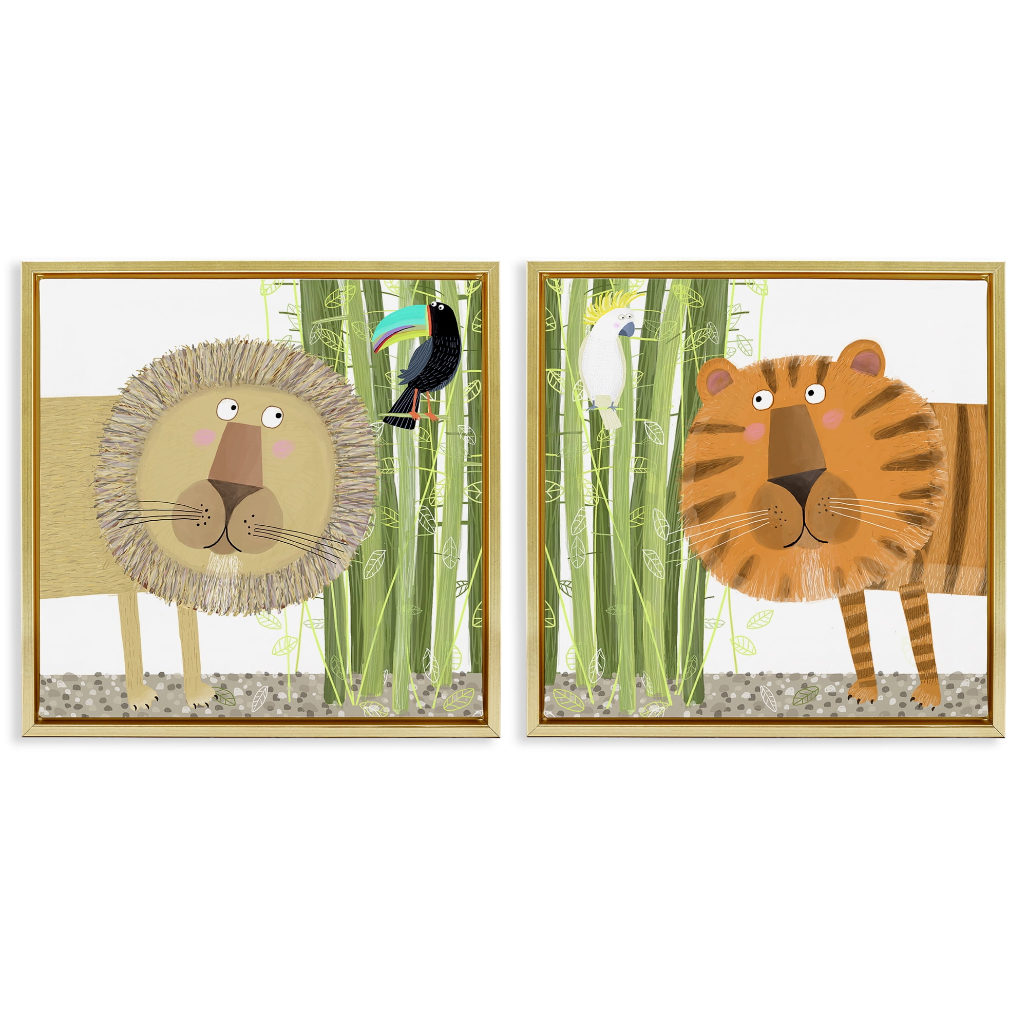 Stupell Industries Bamboo Trees & Animals 2 Piece Gold Framed Floater Canvas Set, design by Carla Daly