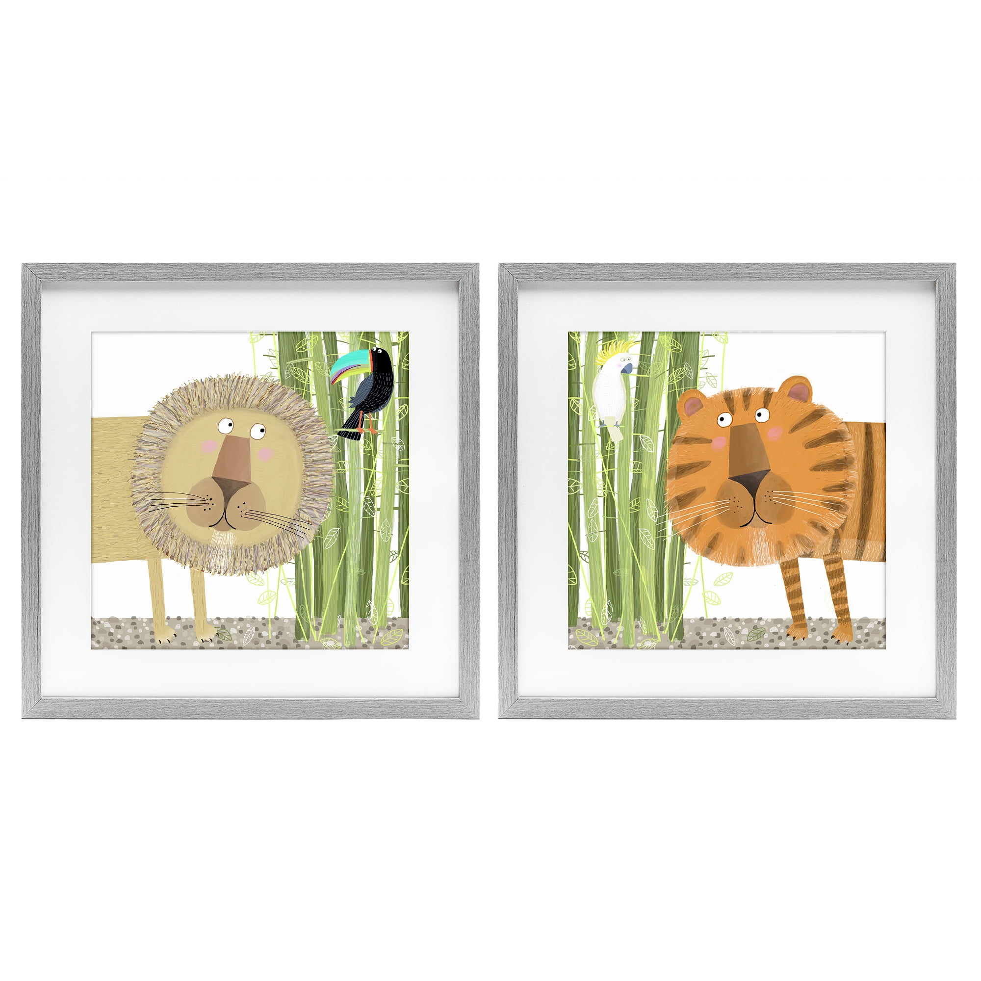Stupell Industries Bamboo Trees & Animals 2 Piece Gray Framed Print Under Glass Set, design by Carla Daly