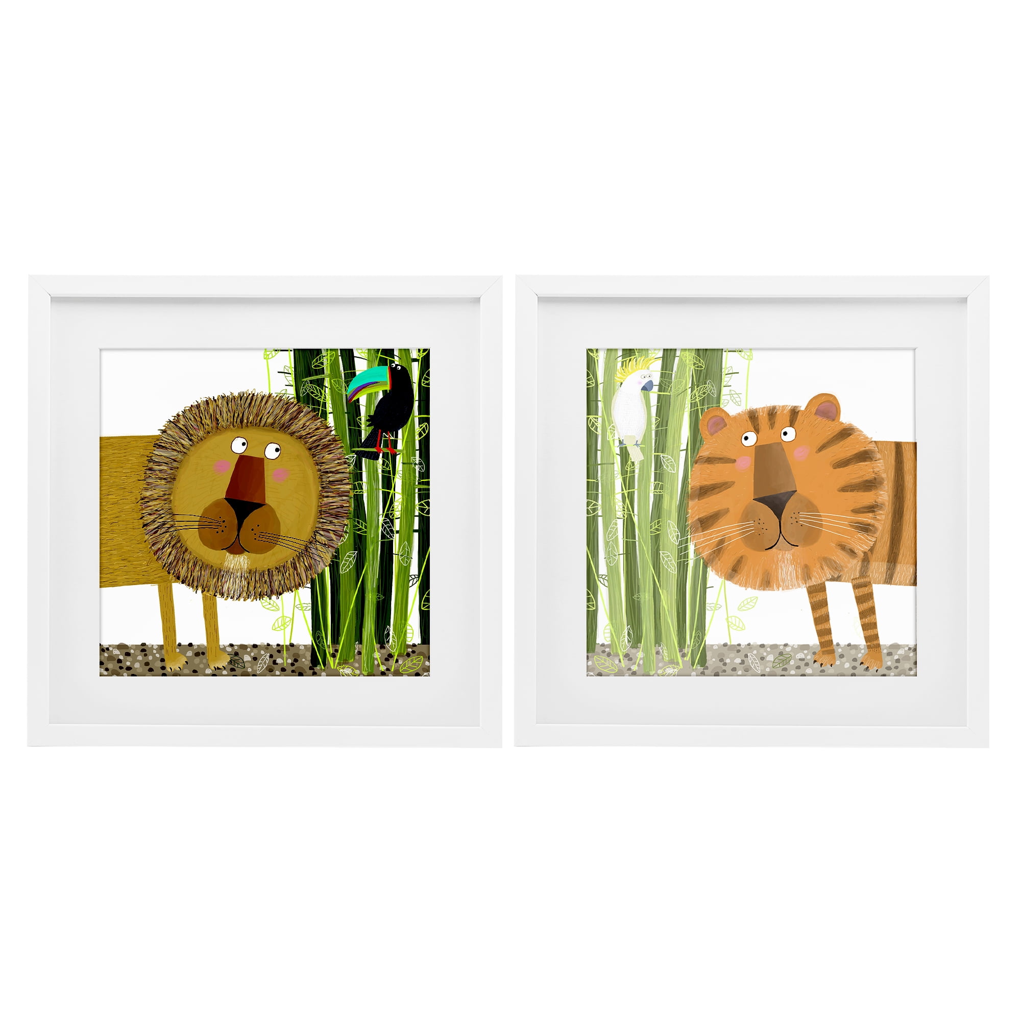 Stupell Industries Bamboo Trees & Animals 2 Piece White Framed Print Under Glass Set, design by Carla Daly