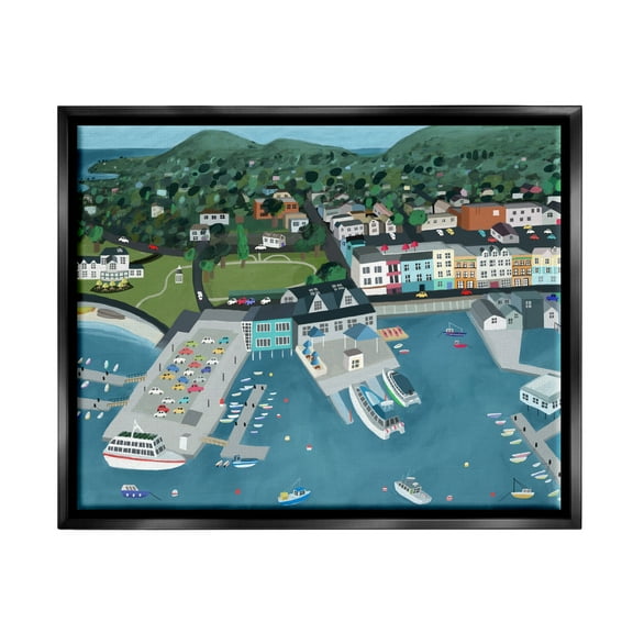 Stupell Industries Bar Harbor Port Town View Landscape Painting Black Floater Framed Art Print Wall Art