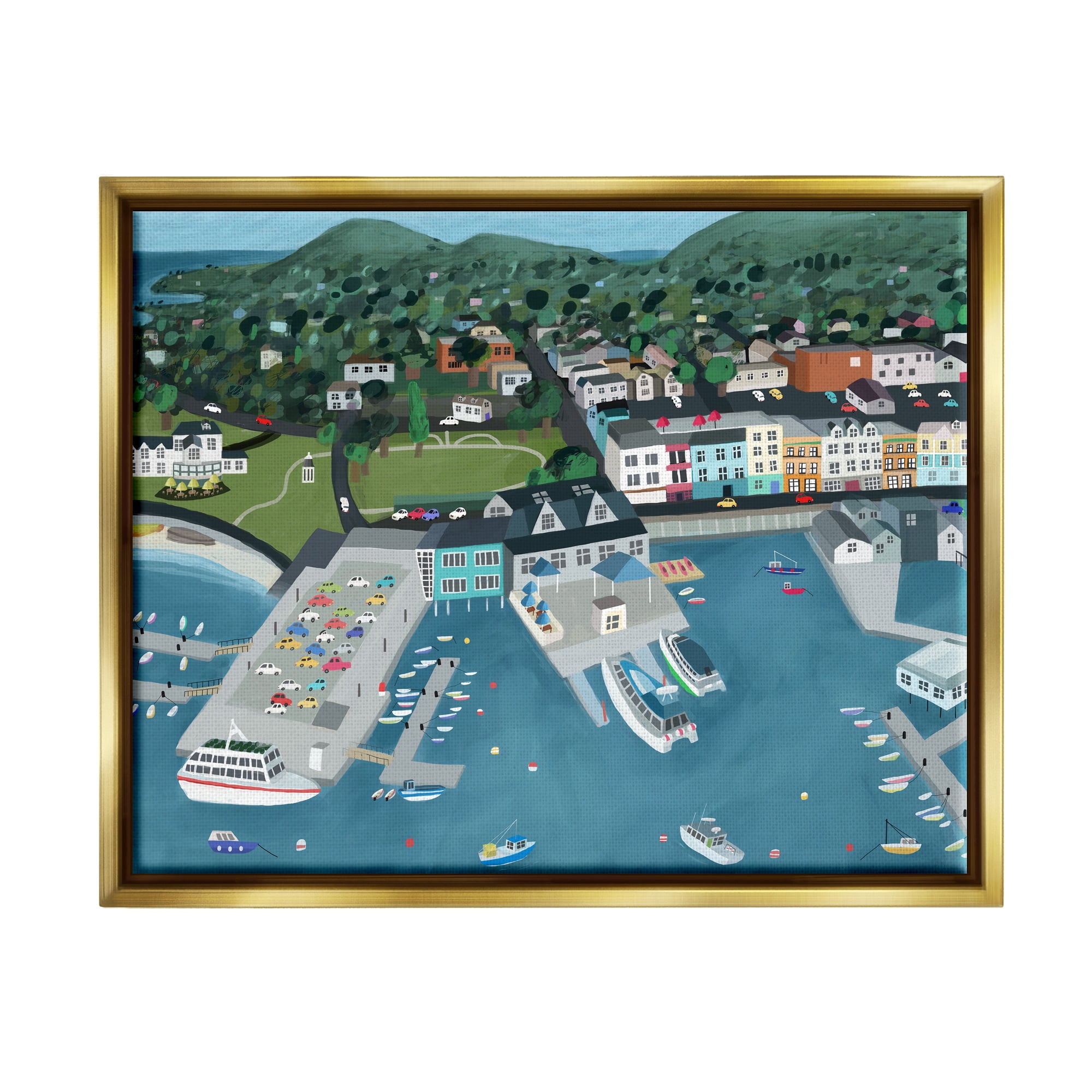 Stupell Industries Bar Harbor Port Town View Landscape Painting Gold Floater Framed Art Print Wall Art