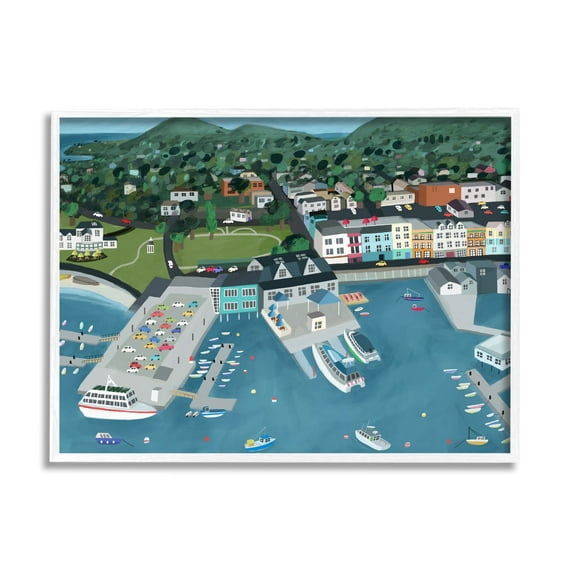 Stupell Industries Bar Harbor Port Town View Landscape Painting White Framed Art Print Wall Art