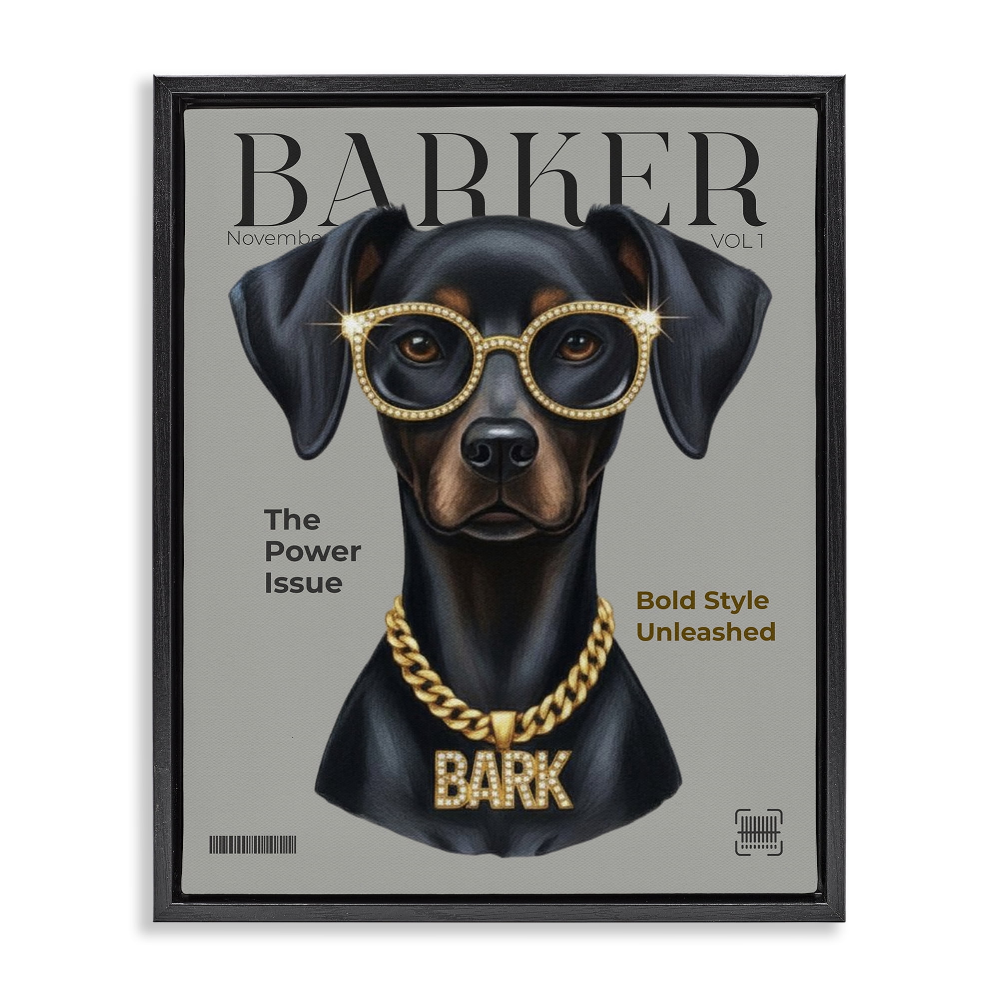 Stupell Industries Barker Dog Fashion Magazine Black Framed Floater Canvas Wall Art, design by A Barefoot Stylist
