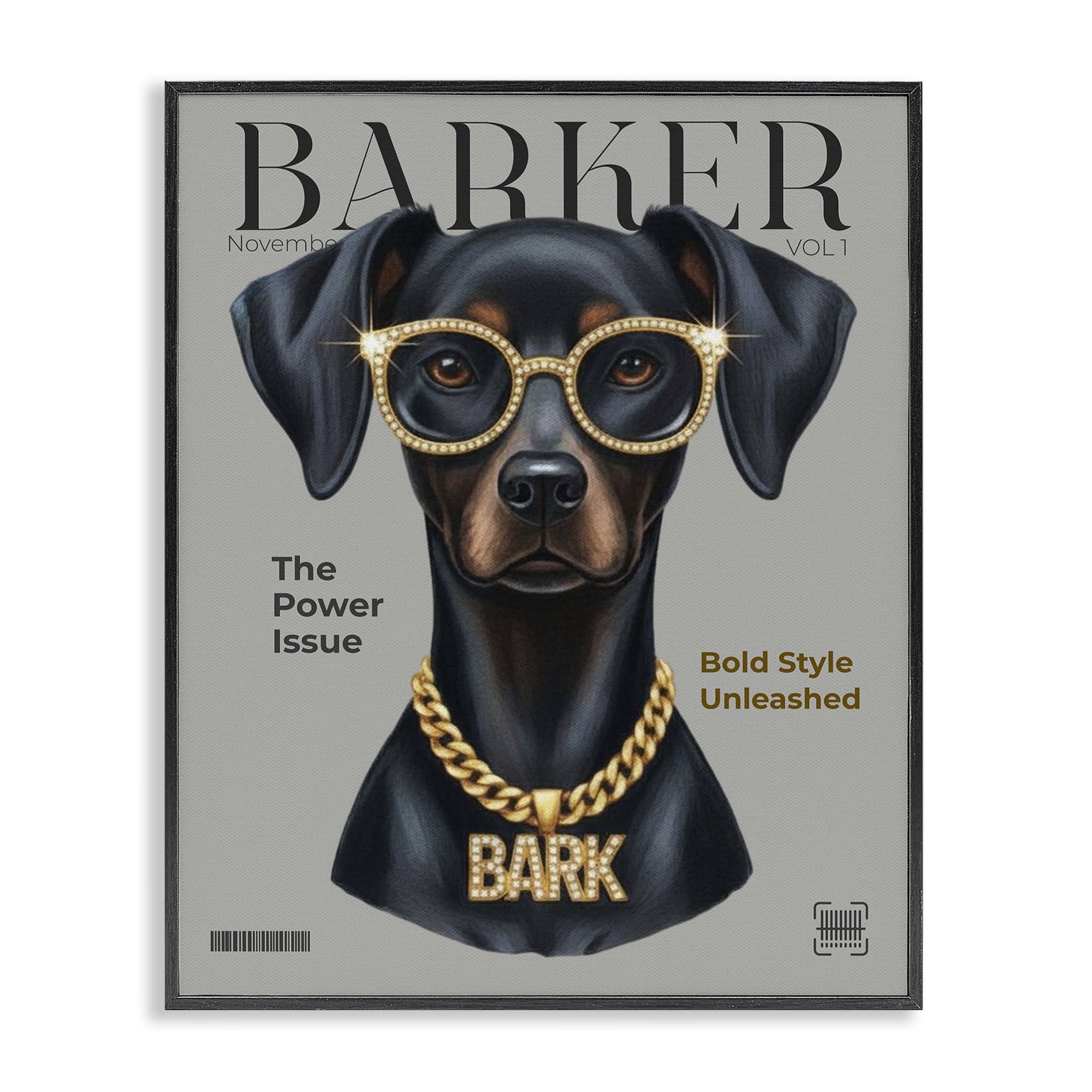 Stupell Industries Barker Dog Fashion Magazine Black Framed Giclee Art, design by A Barefoot Stylist