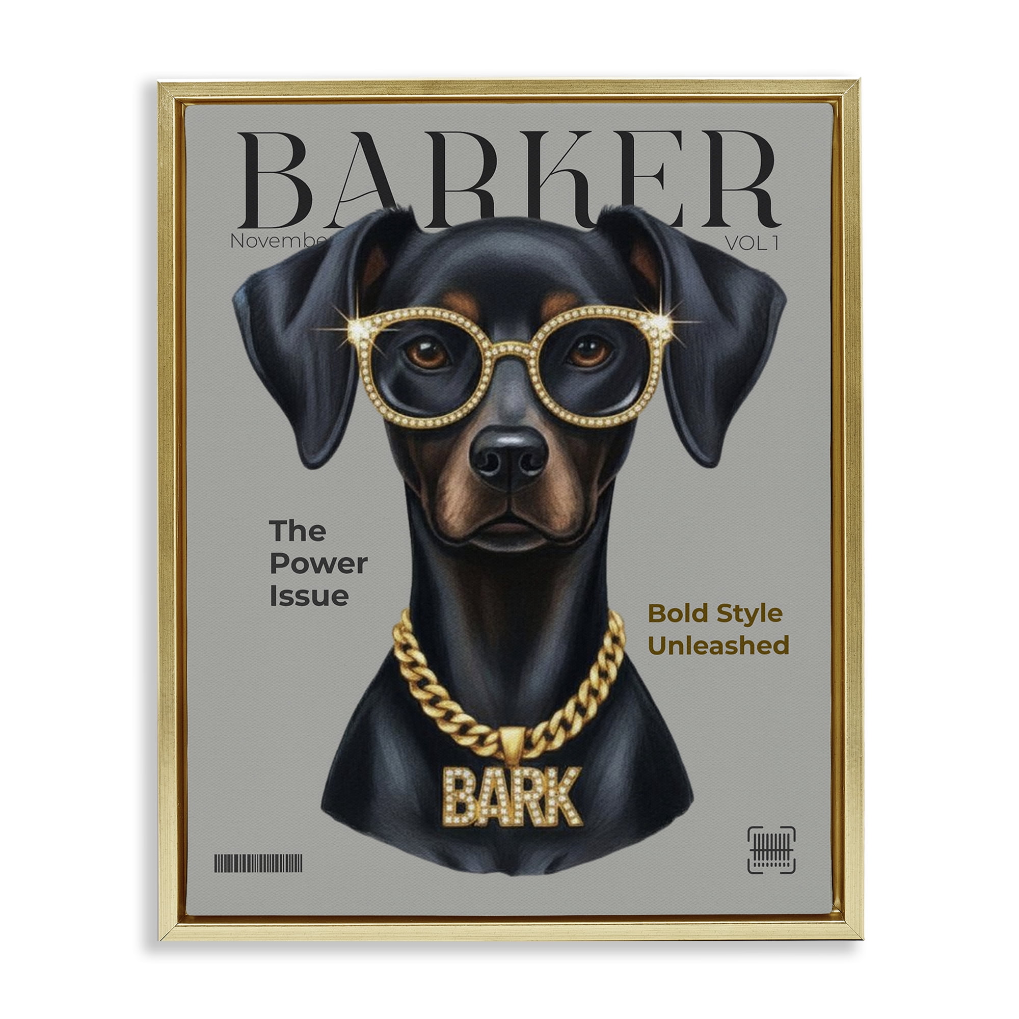 Stupell Industries Barker Dog Fashion Magazine Gold Framed Floater Canvas Wall Art, design by A Barefoot Stylist