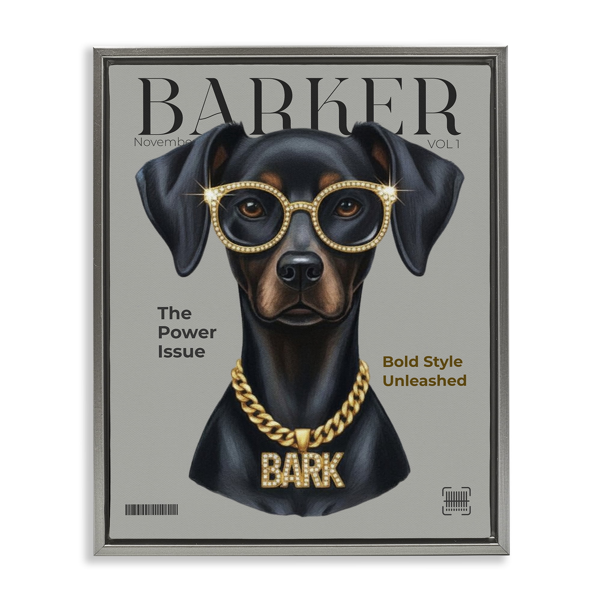 Stupell Industries Barker Dog Fashion Magazine Gray Framed Floater Canvas Wall Art, design by A Barefoot Stylist