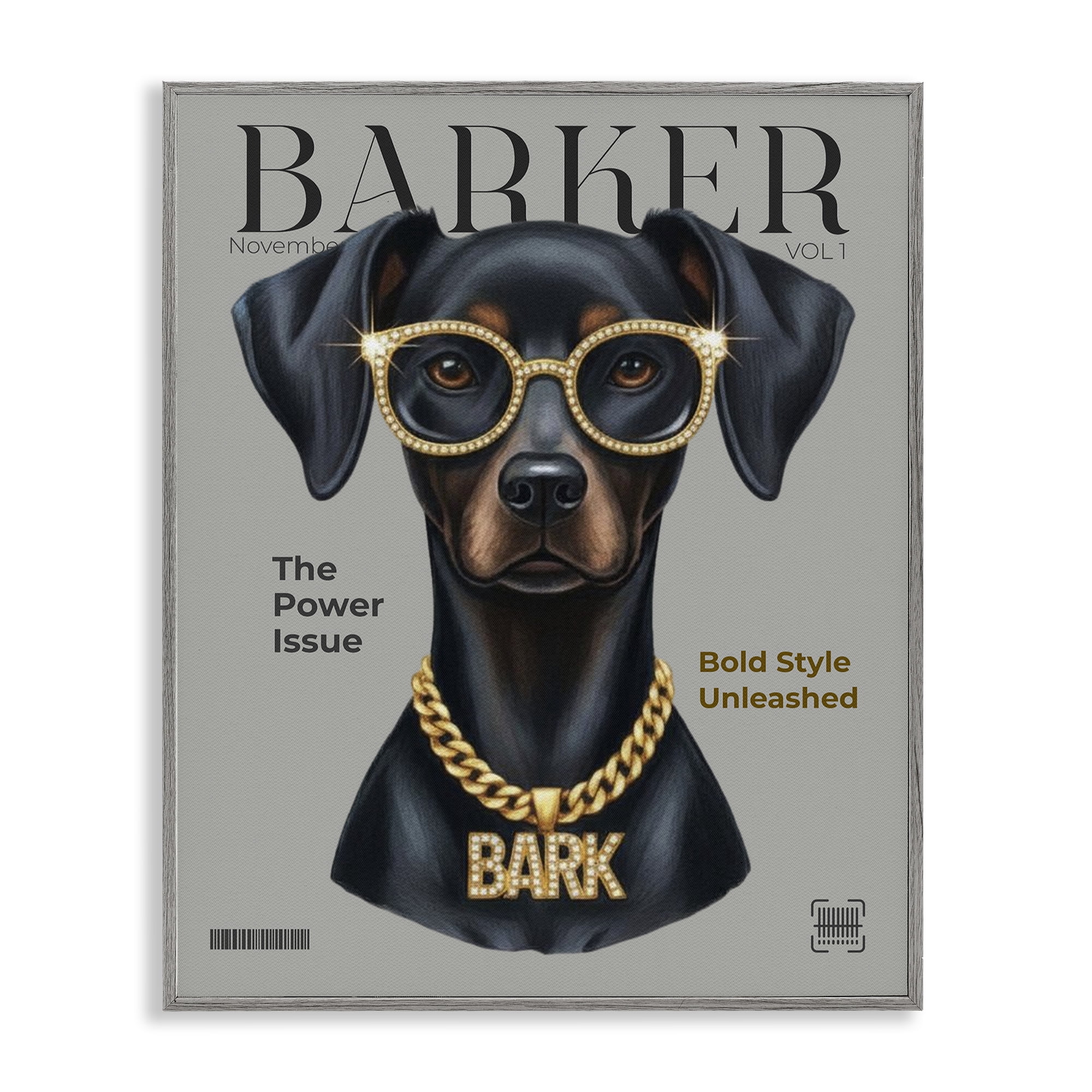 Stupell Industries Barker Dog Fashion Magazine Gray Framed Giclee Art, design by A Barefoot Stylist