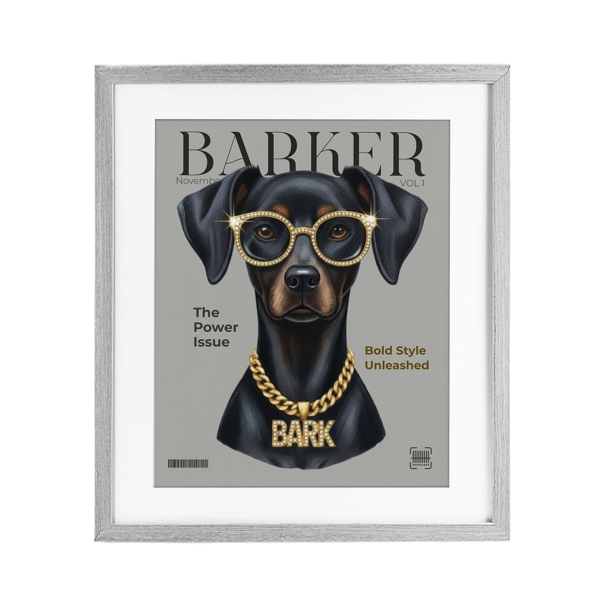 Stupell Industries Barker Dog Fashion Magazine Gray Framed Print Under Glass, design by A Barefoot Stylist