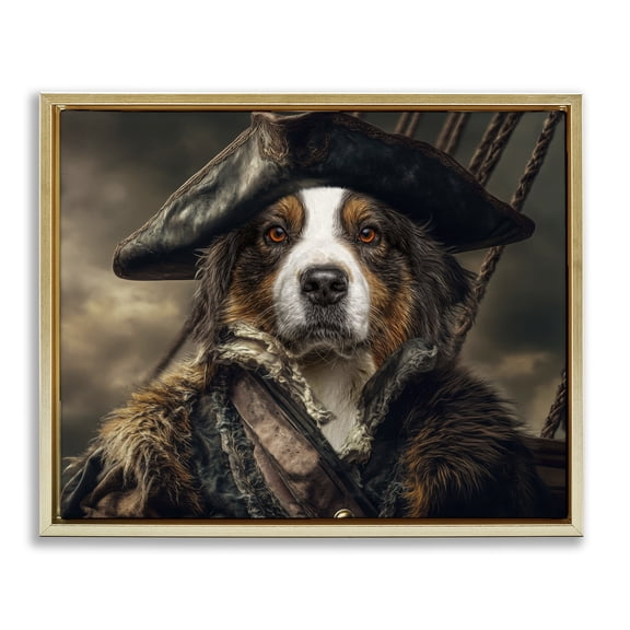Stupell Industries Barking Buccaneer Pirate Dog Gold Framed Floater Canvas Wall Art design by Kelley Parker, 25 x 31