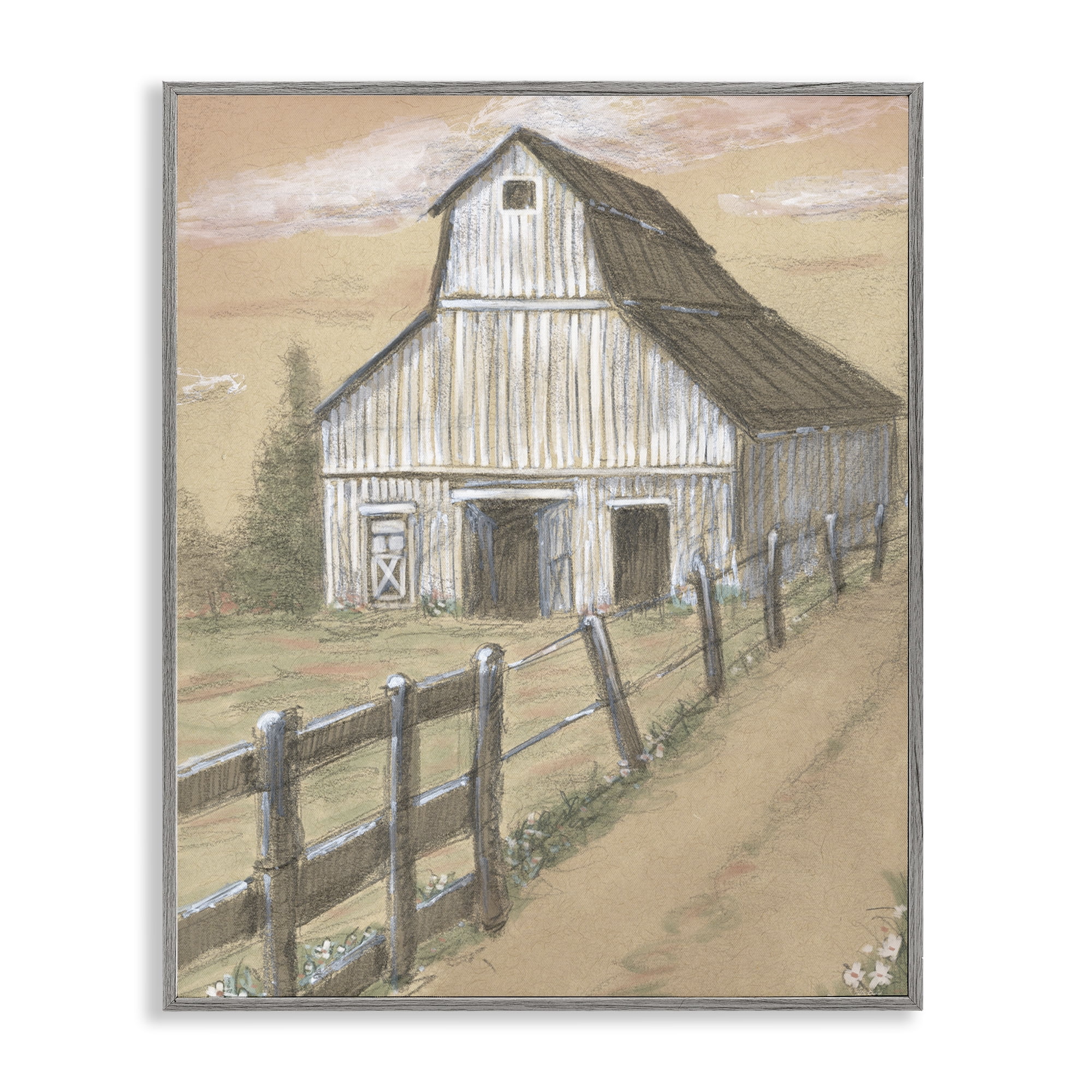 Stupell Industries Barn Fence Drawing Gray Framed Giclee Art, design by Patti Bishop