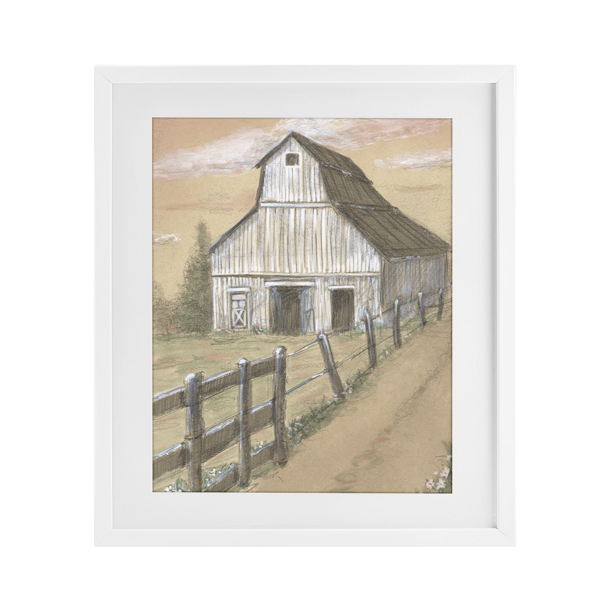 Stupell Industries Barn Fence Drawing White Framed Print Under Glass, design by Patti Bishop