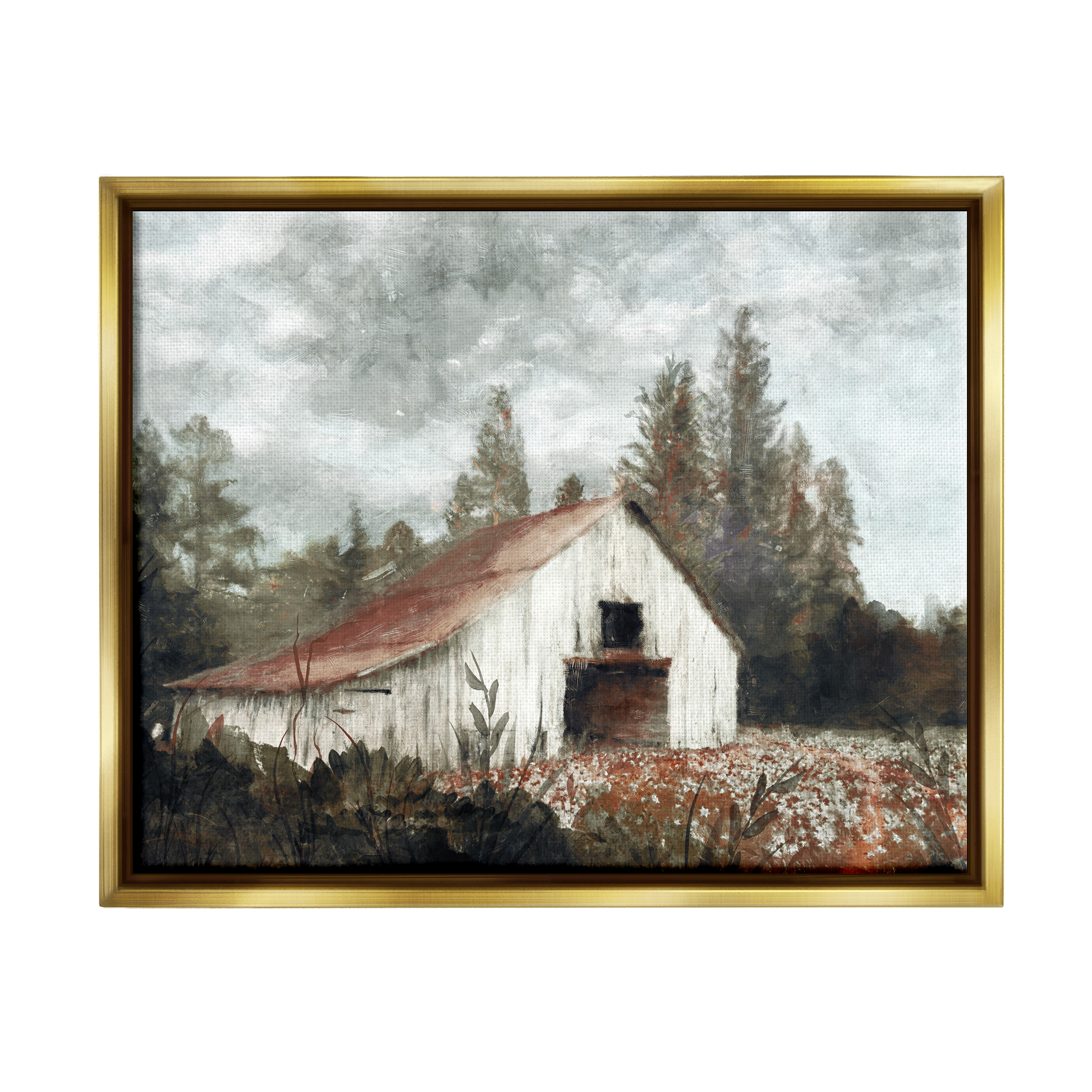 Stupell Industries Barn In Meadow Landscape Landscape Painting Gold Floater Framed Art Print Wall Art