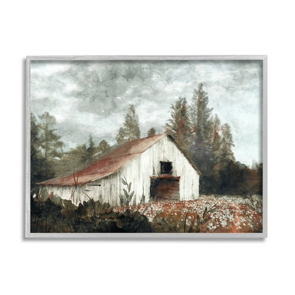 Stupell Industries Barn In Meadow Landscape Landscape Painting Gray Framed Art Print Wall Art