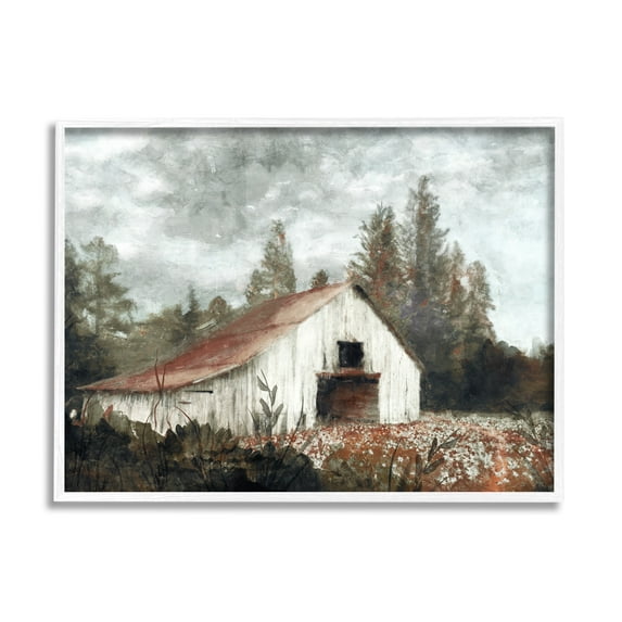 Stupell Industries Barn In Meadow Landscape Landscape Painting White Framed Art Print Wall Art