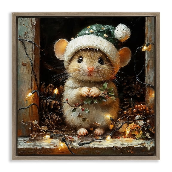 Stupell Industries Barn Mouse with Christmas Lights Animals Painting Brown Floater Framed Canvas Art Print Wall Art, 25 x 25