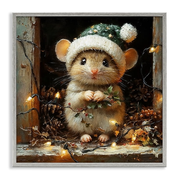 Stupell Industries Barn Mouse with Christmas Lights Animals Painting Gray Framed Art Print Wall Art, 24 x 24