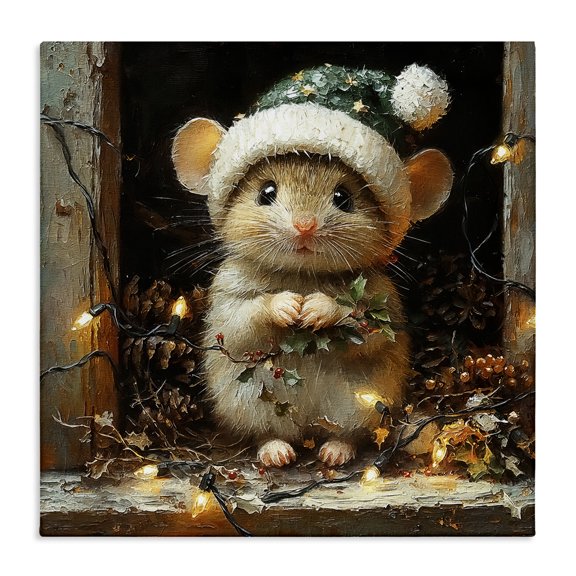 Stupell Industries Barn Mouse with Christmas Lights Animals Painting Wrapped Canvas Canvas Art Print Wall Art, 17 x 17