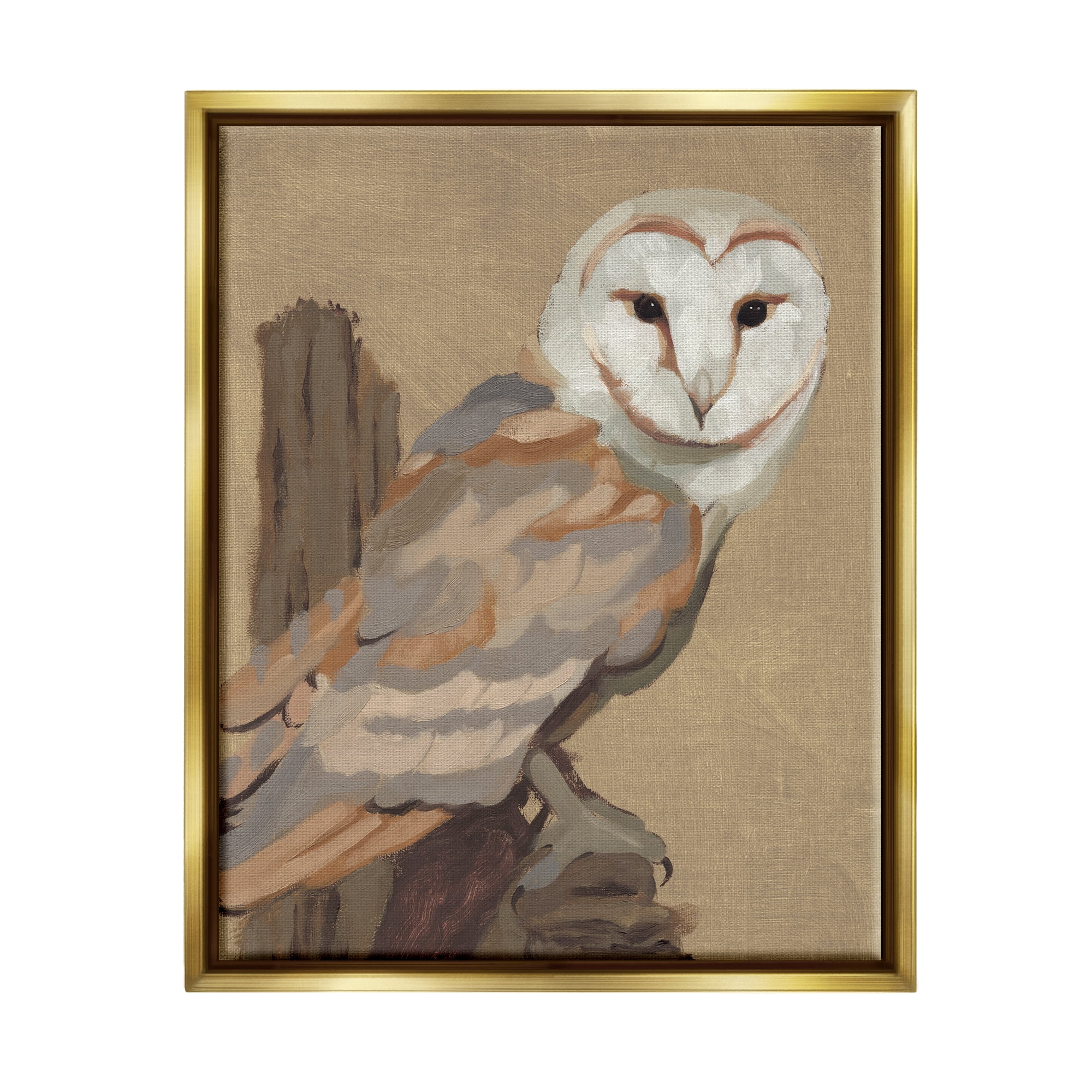 Stupell Industries Barn Owl Bird Perched Gazing Wildlife Animal Painting Painting Metallic Gold Floating Framed Canvas Print Wall Art, Design by Jacob Green