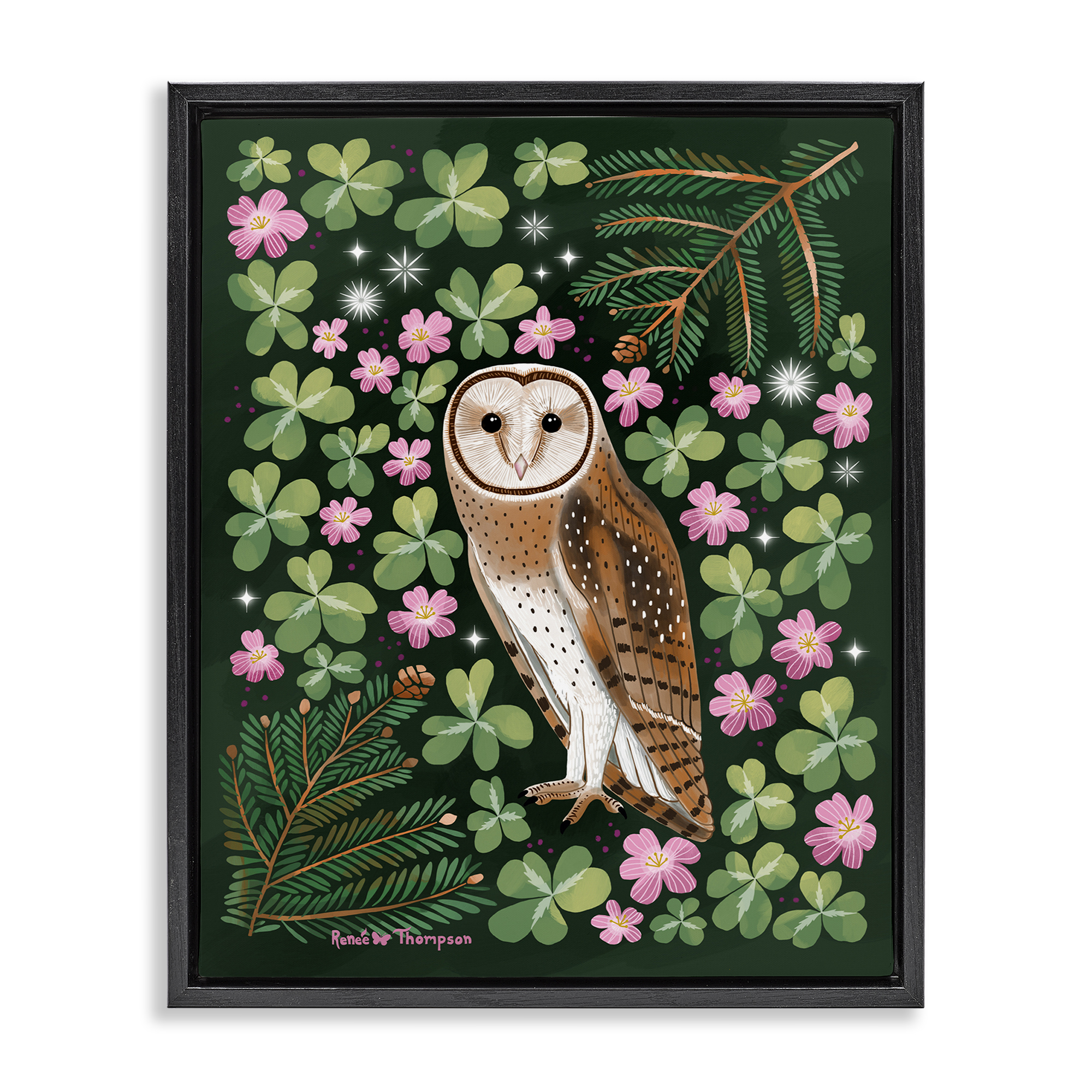 Stupell Industries Barn Owl & Botanicals Animals Painting Black Floater Framed Canvas Art Print Wall Art, 17 x 21
