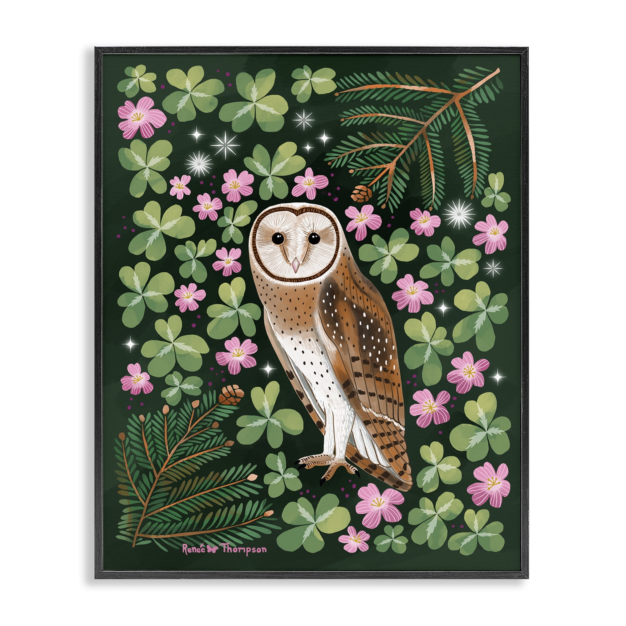 Stupell Industries Barn Owl & Botanicals Animals Painting Black Framed Art Print Wall Art, 16 x 20