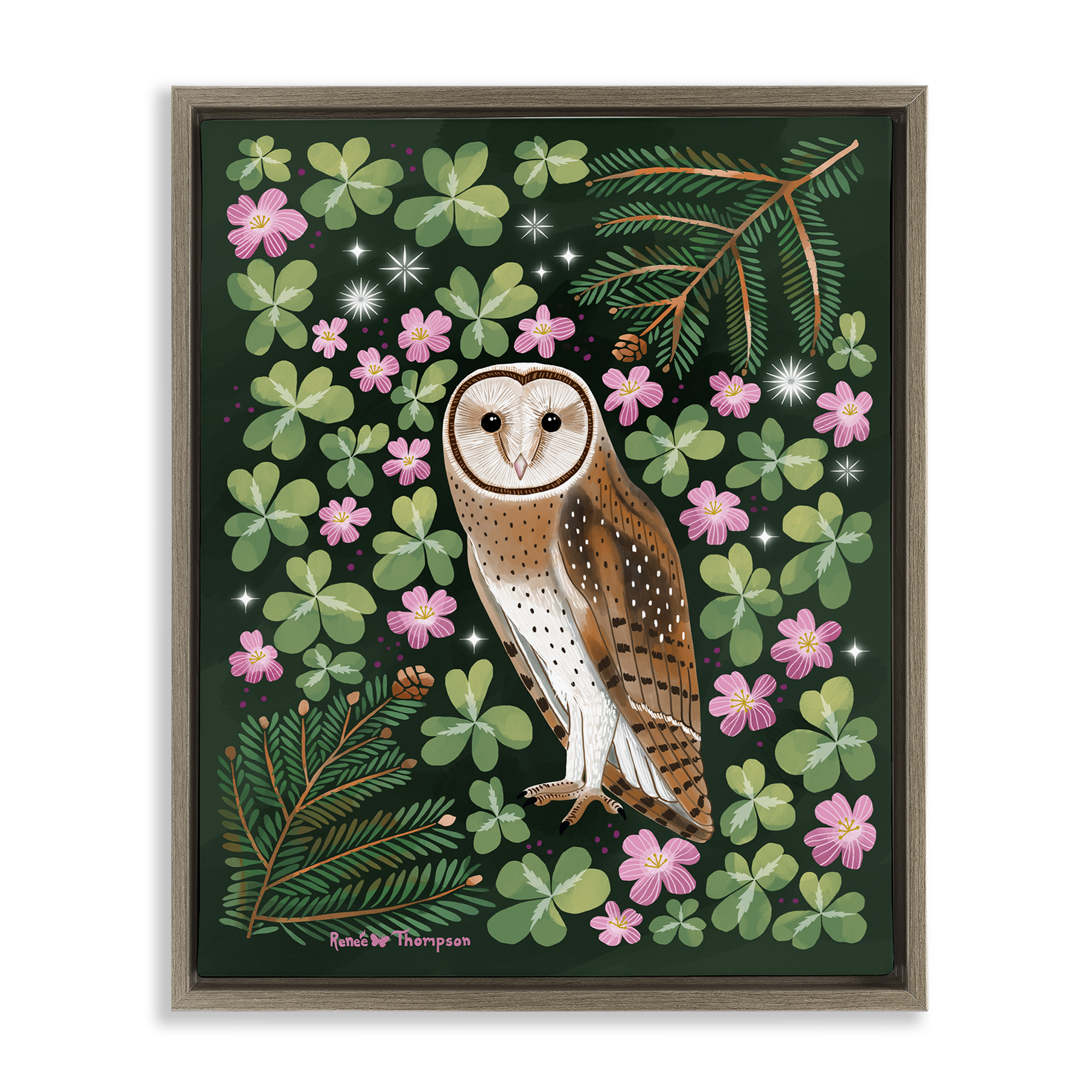 Stupell Industries Barn Owl & Botanicals Animals Painting Brown Floater Framed Canvas Art Print Wall Art, 17 x 21