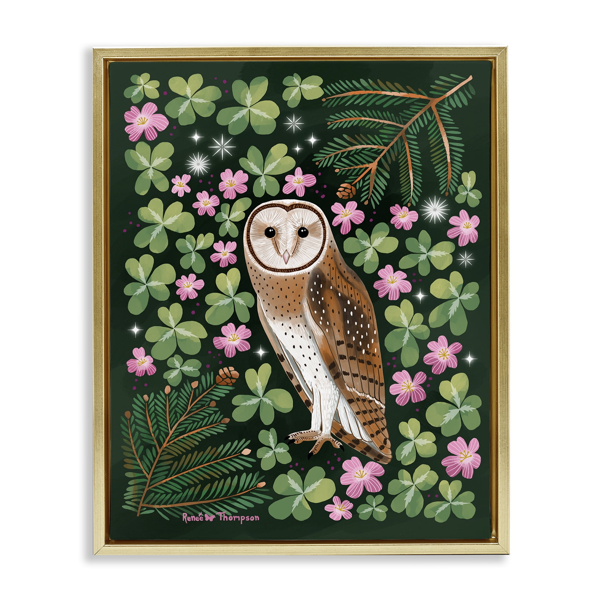 Stupell Industries Barn Owl & Botanicals Animals Painting Gold Floater Framed Canvas Art Print Wall Art, 25 x 31