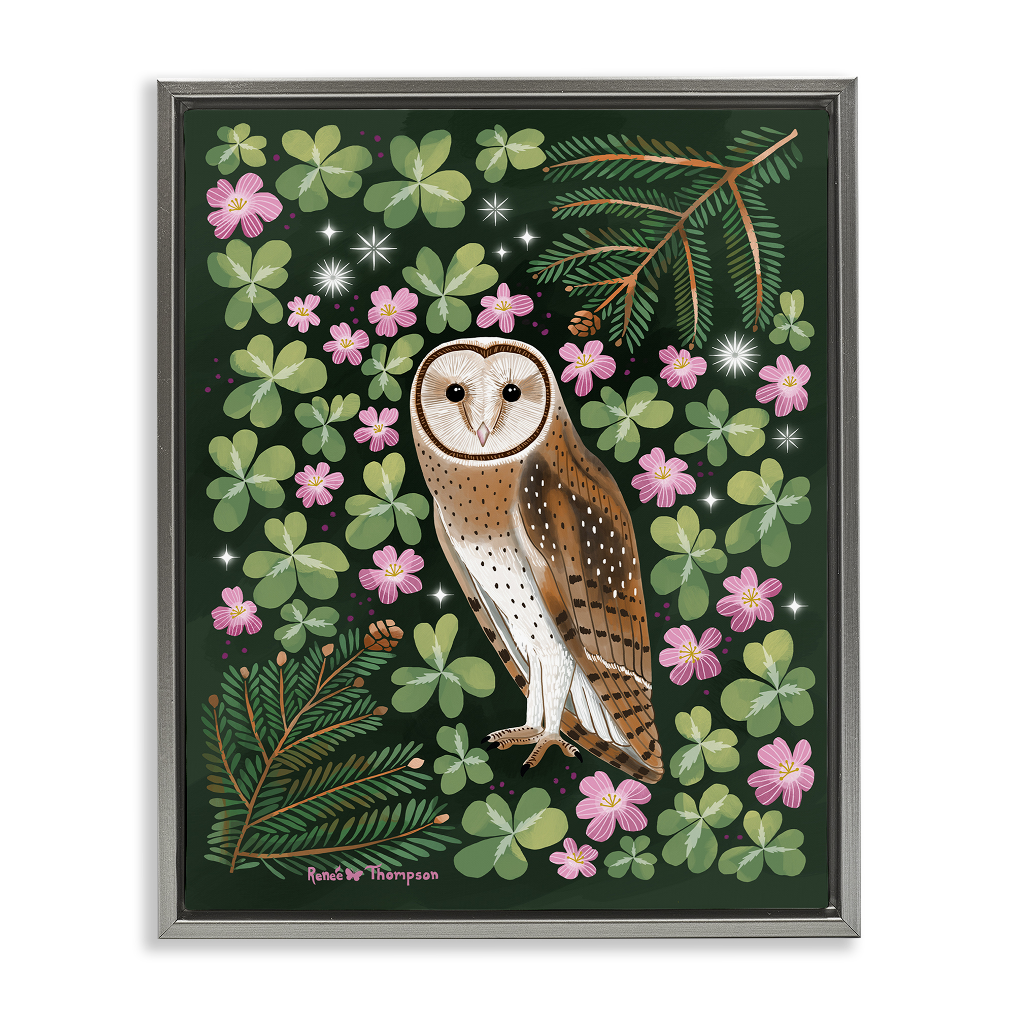 Stupell Industries Barn Owl & Botanicals Animals Painting Gray Floater Framed Canvas Art Print Wall Art, 17 x 21