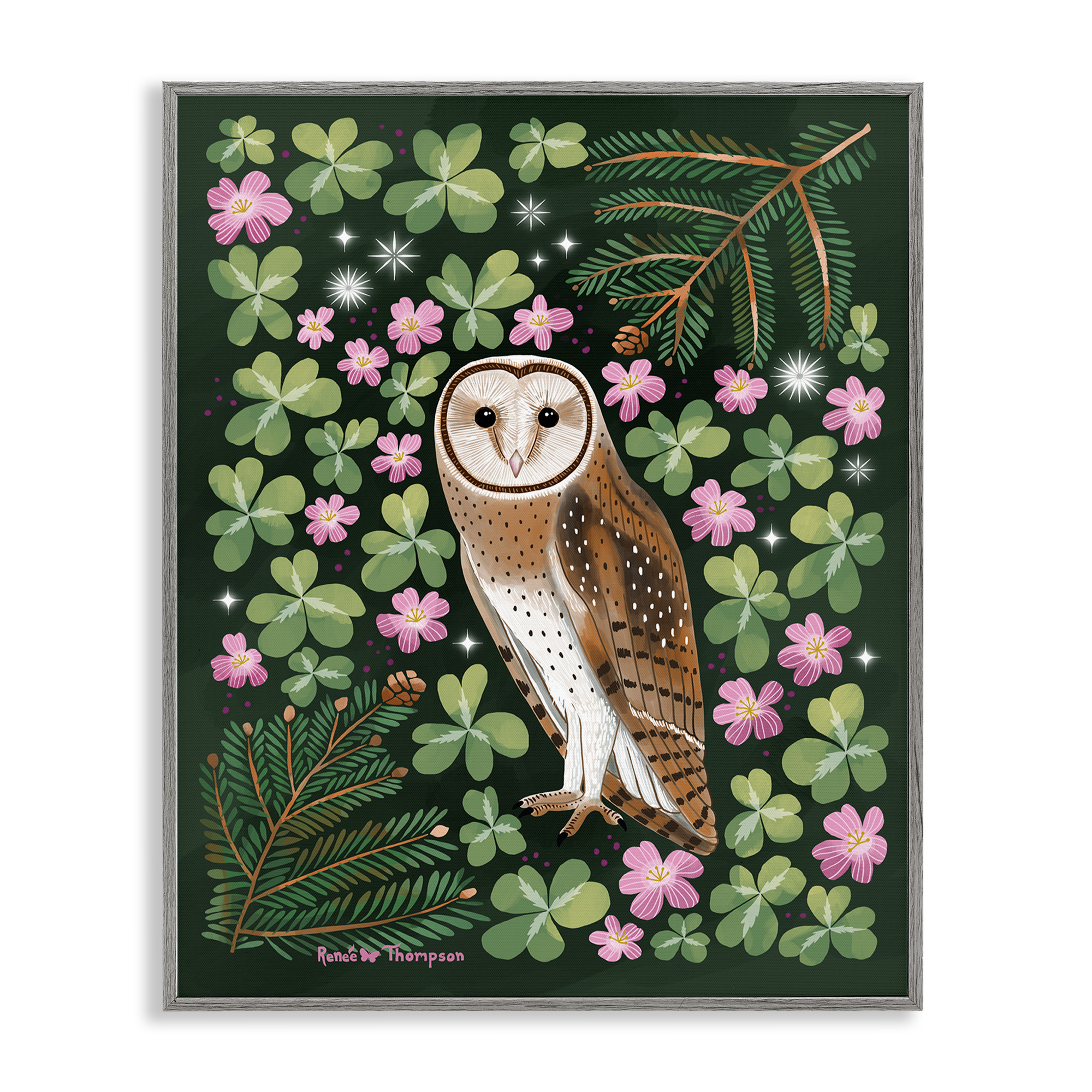 Stupell Industries Barn Owl & Botanicals Animals Painting Gray Framed Art Print Wall Art, 11 x 14
