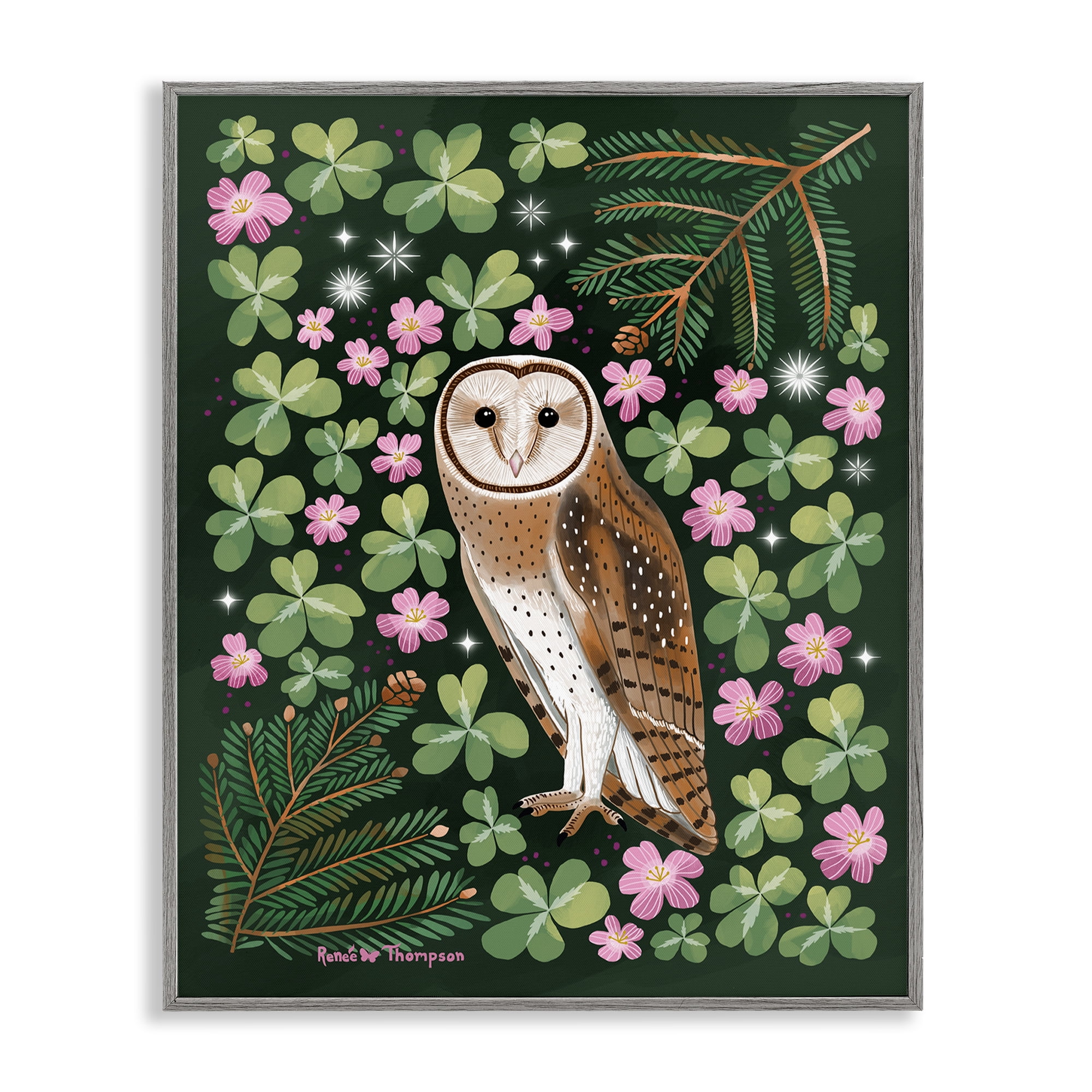 Stupell Industries Barn Owl & Botanicals Animals Painting Gray Framed Art Print Wall Art, 16 x 20