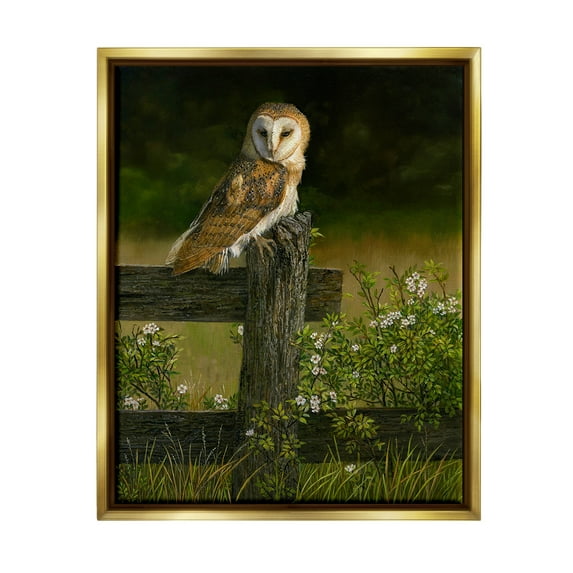 Stupell Industries Barn Owl on Fence Animals & Insects Painting Gold Floater Framed Canvas Art Print Wall Art, 17 x 21